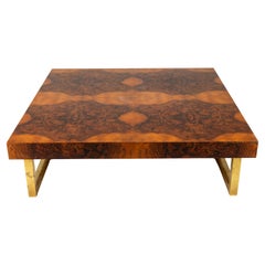 A Burl Wood Veneer Square Coffee Table with Brass Legs