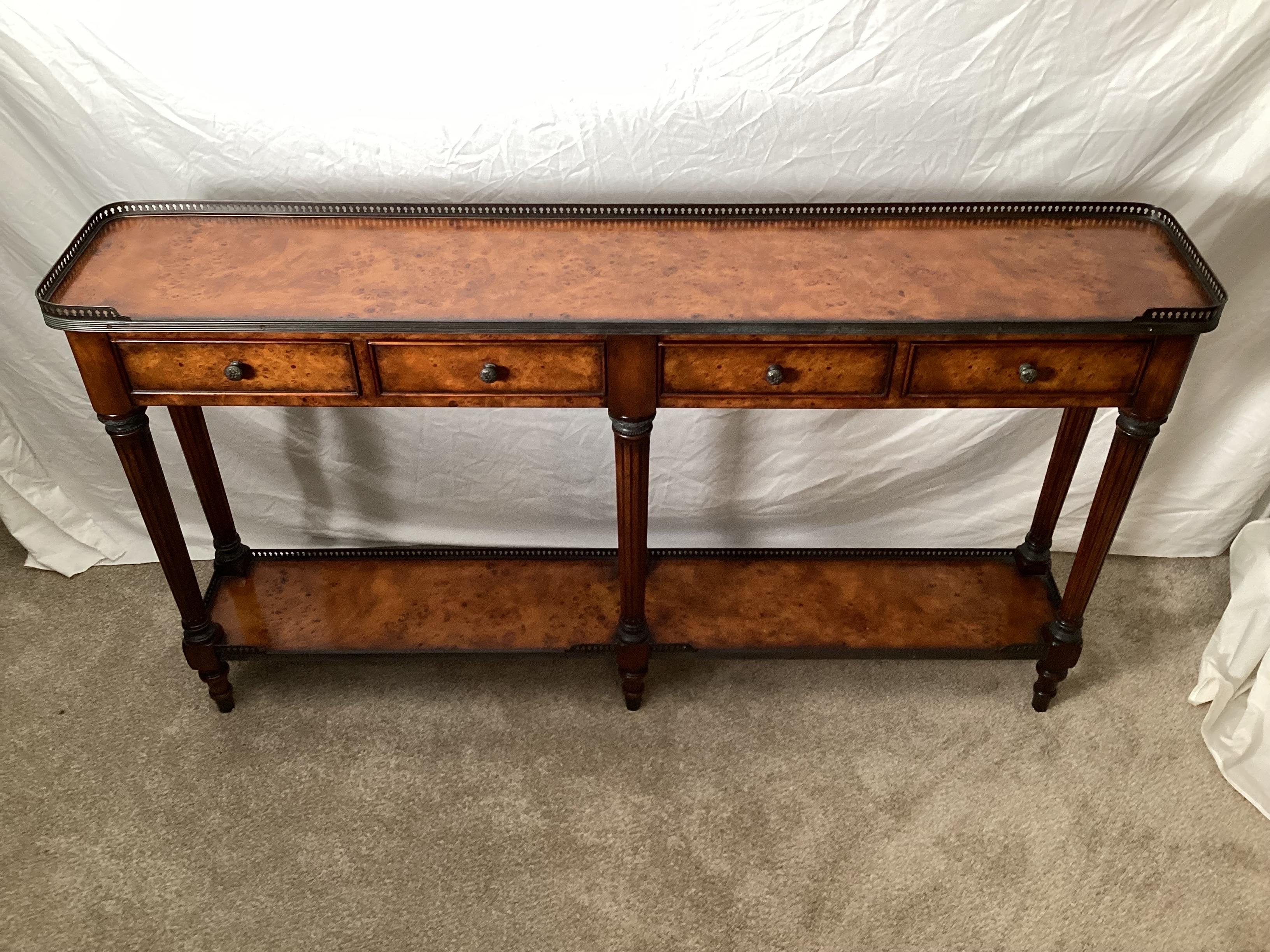 A Burled Walnut Gallery Edge Console Table by Theodore Alexander.  In Good Condition In Lambertville, NJ
