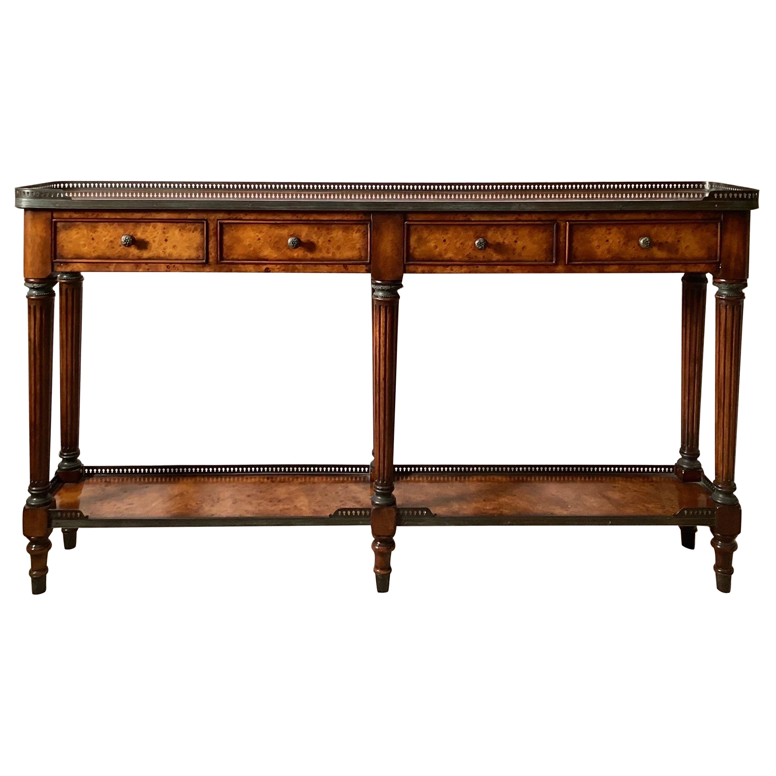 A Burled Walnut Gallery Edge Console Table by Theodore Alexander.