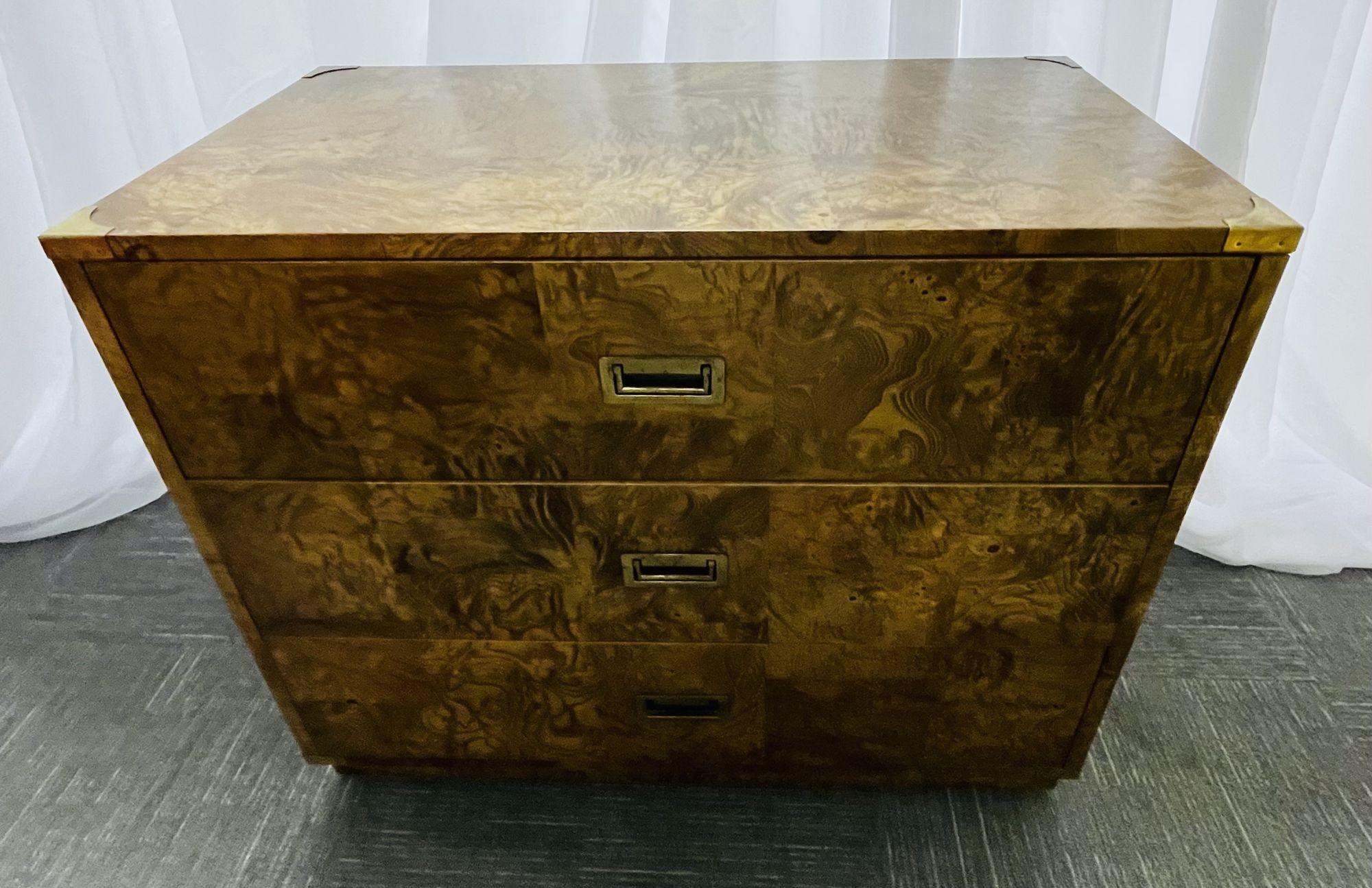 Burlwood Campaign Chest, Nightstand or End Table In Good Condition For Sale In Stamford, CT