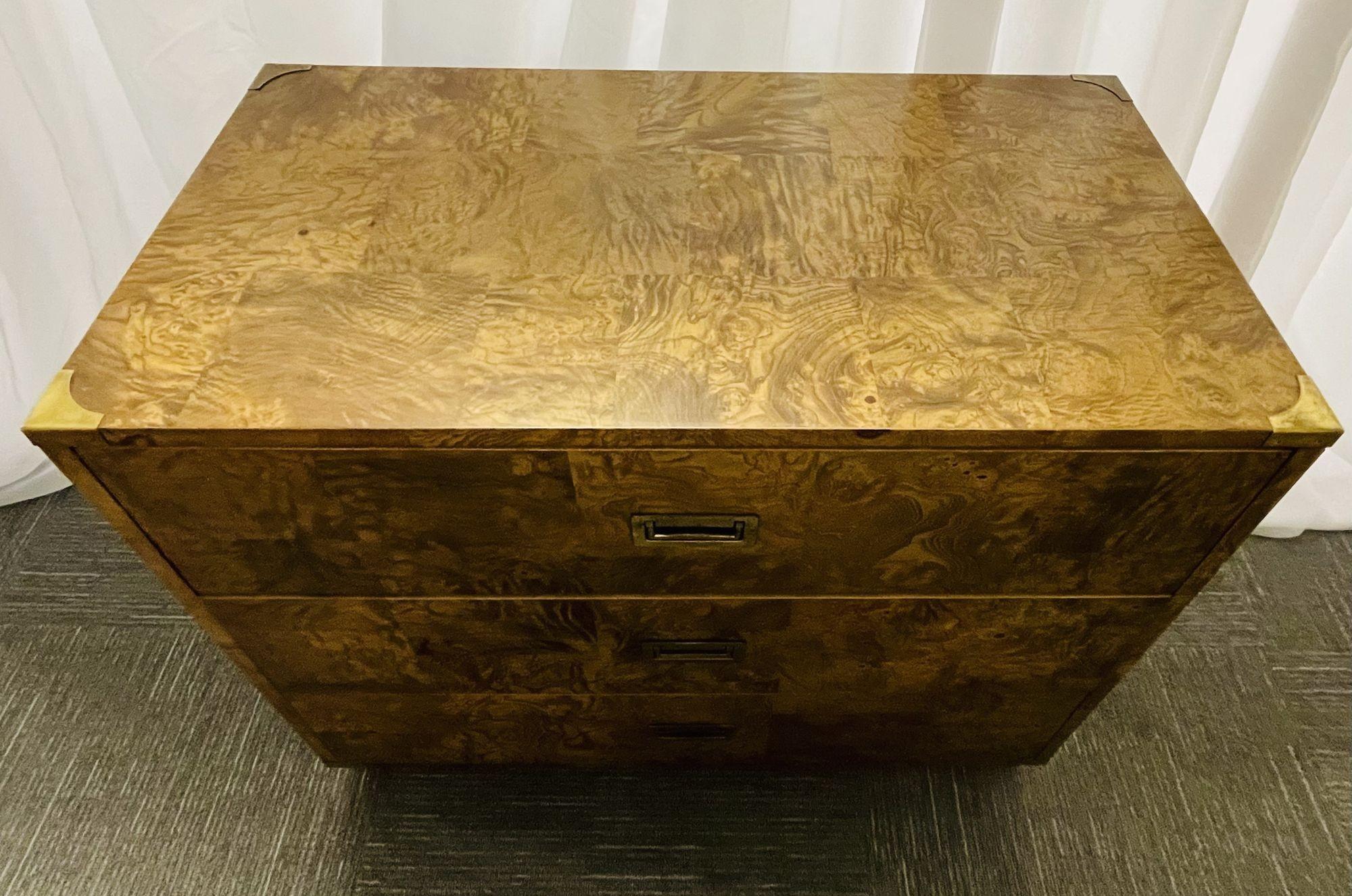 Late 20th Century Burlwood Campaign Chest, Nightstand or End Table For Sale
