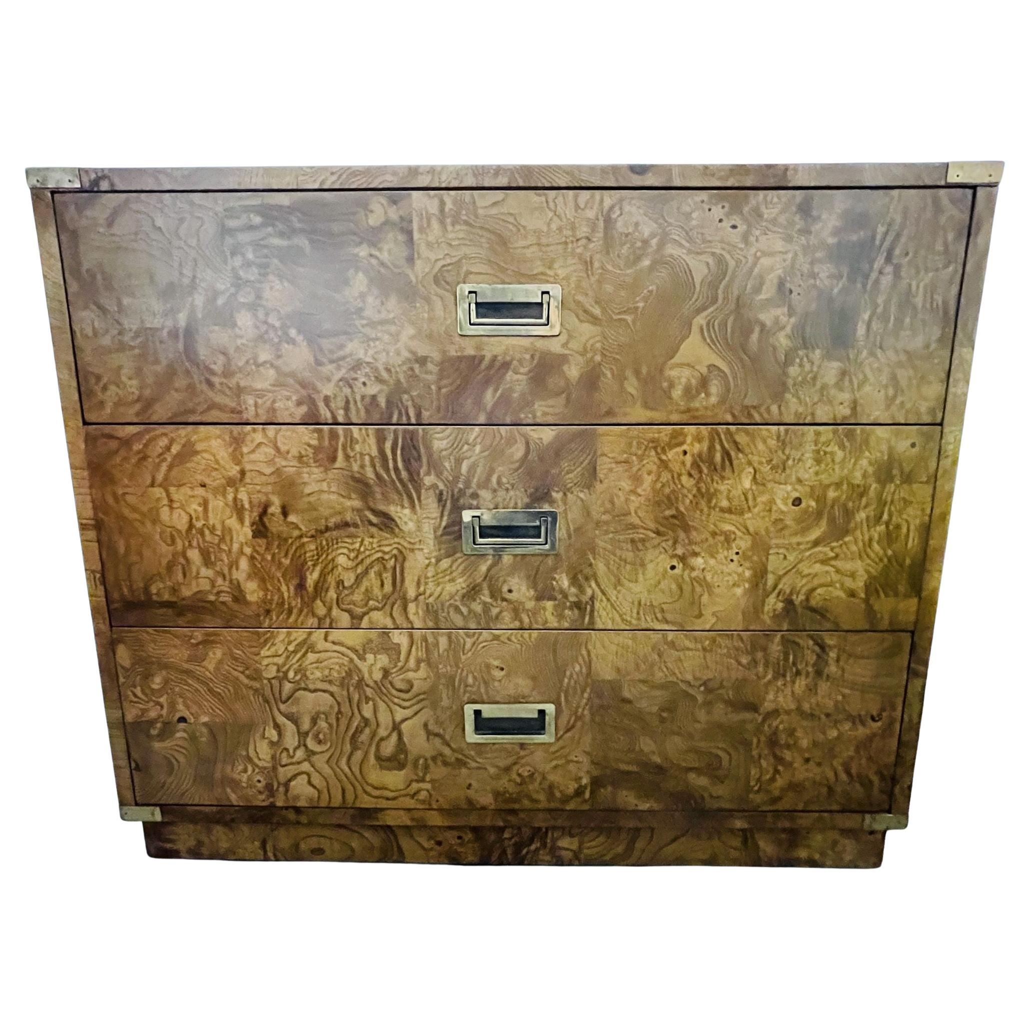 Burlwood Campaign Chest, Nightstand or End Table For Sale