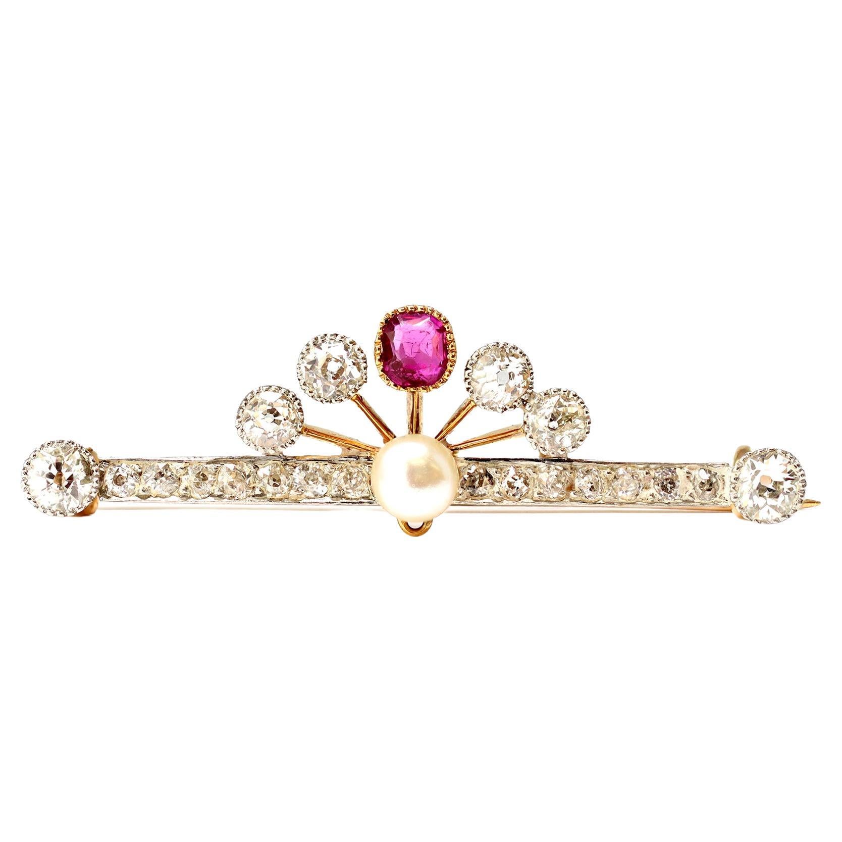 Burma Ruby Diamond and Pearl Brooch in 14 Karat Gold For Sale