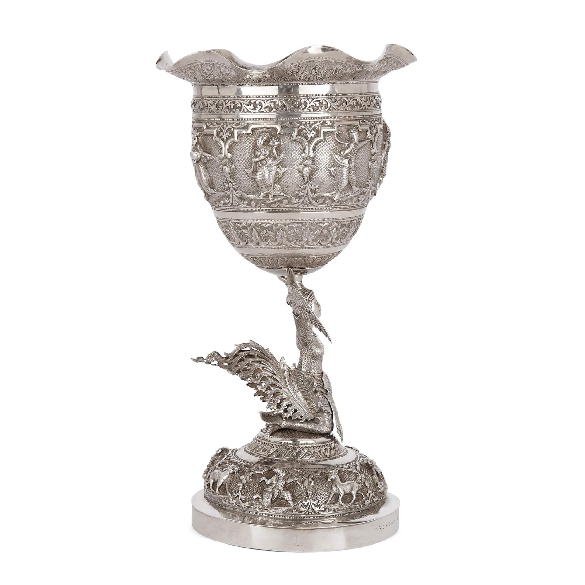 Modern Burmese Embossed Silver Presentation Chalice For Sale