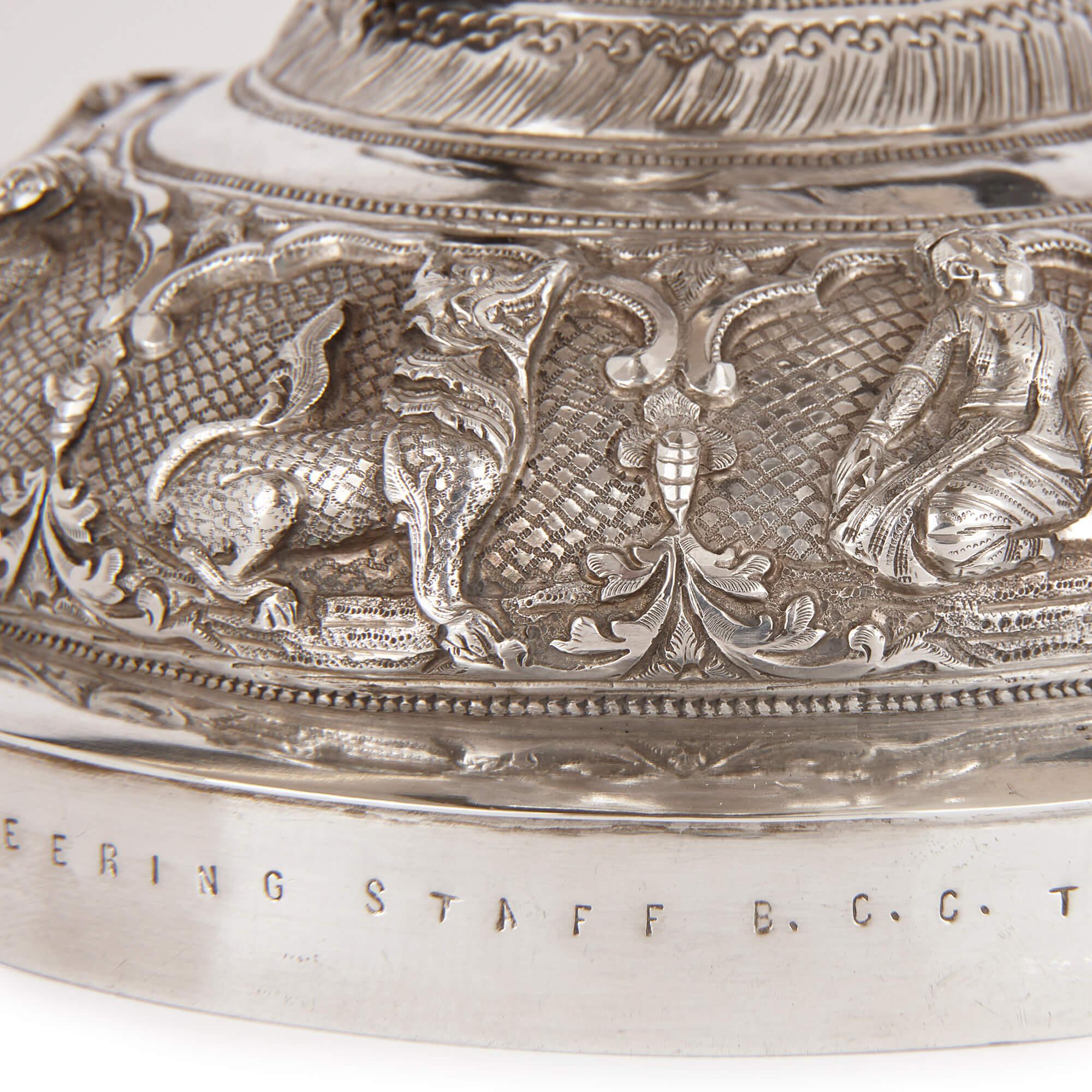 Burmese Embossed Silver Presentation Chalice For Sale 2