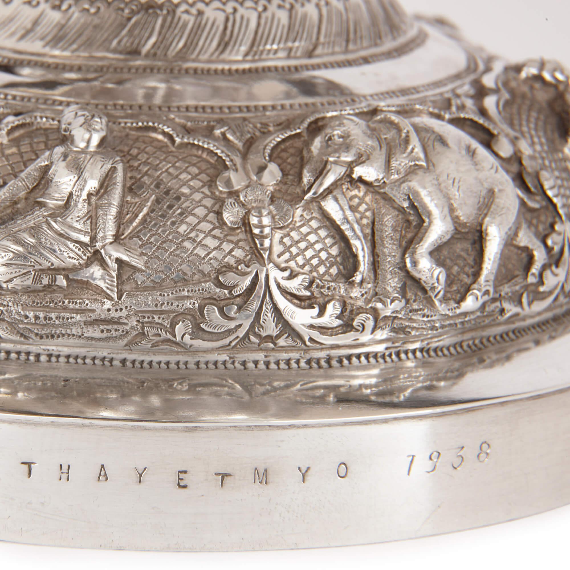 Burmese Embossed Silver Presentation Chalice For Sale 3