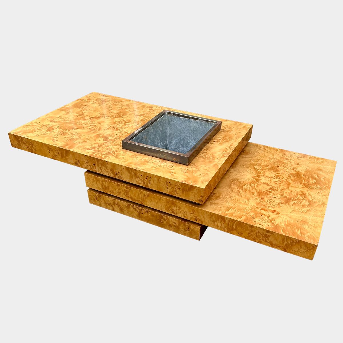 Laiton Table à cocktail seau à glace en orme A Burr par J C Mahey pour Roche Bobois en vente