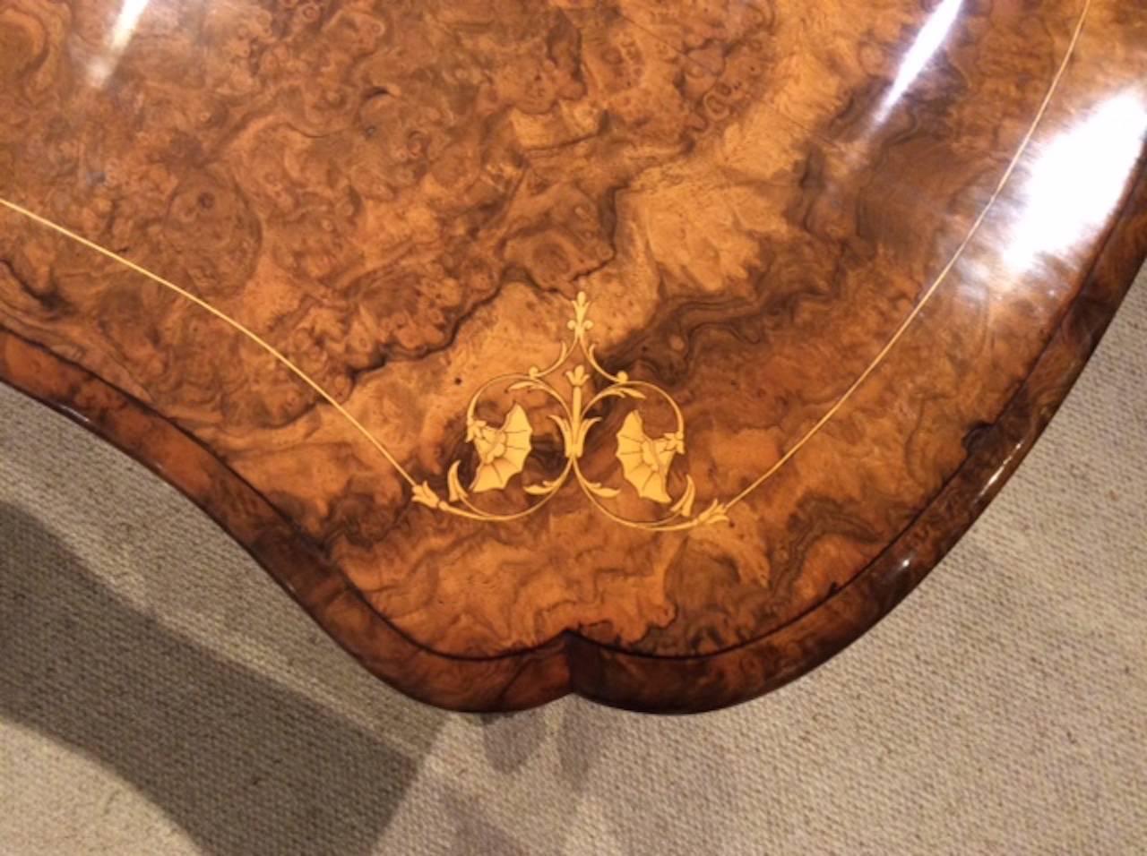 Late 19th Century Burr Walnut and Marquetry Inlaid Victorian Period Fold over Card Table