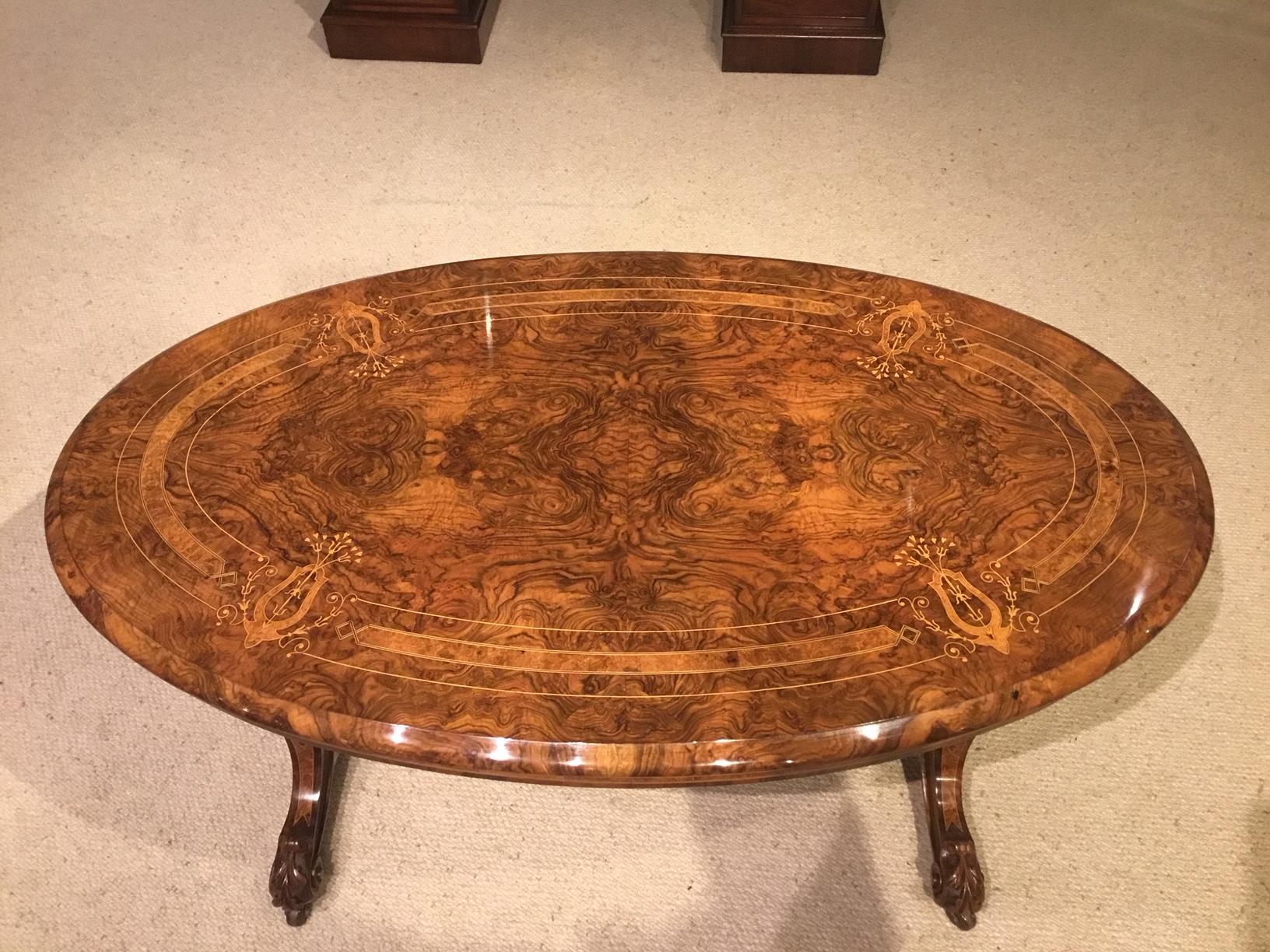 Burr Walnut Marquetry Inlaid Victorian Period Antique Coffee Table In Excellent Condition In Darwen, GB