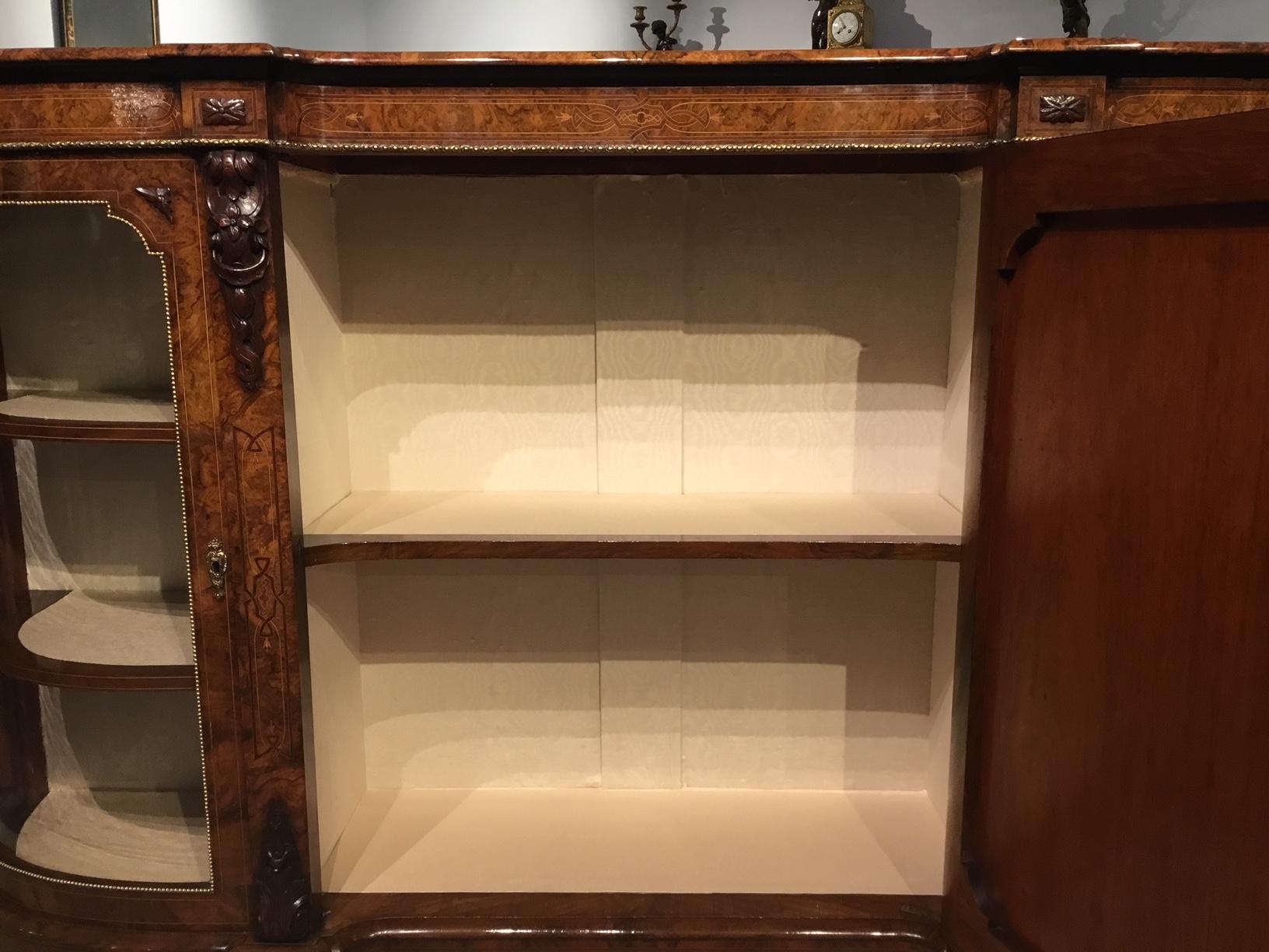 Burr Walnut and Marquetry Inlaid Victorian Period Credenza For Sale 7