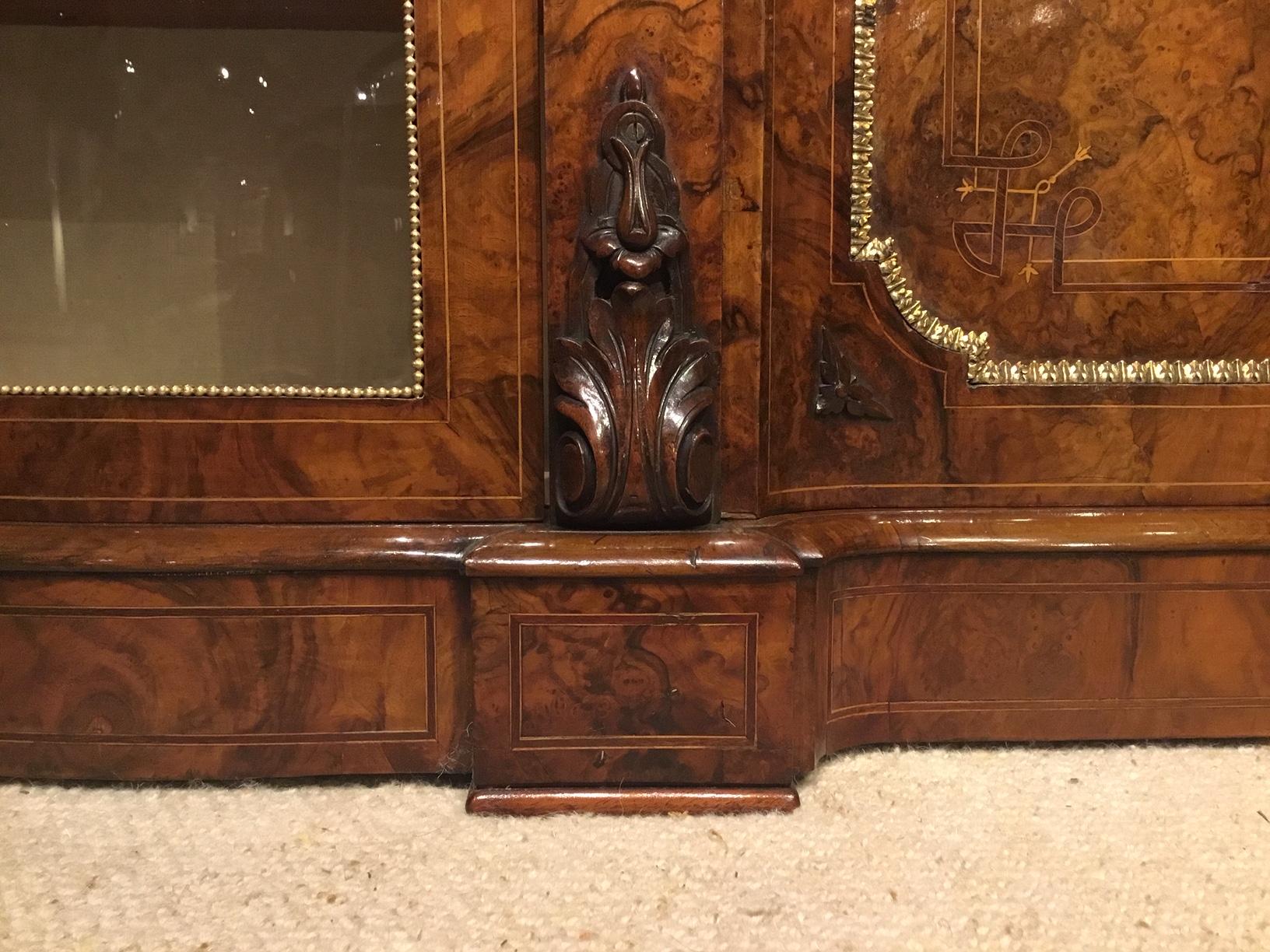 Burr Walnut and Marquetry Inlaid Victorian Period Credenza For Sale 9