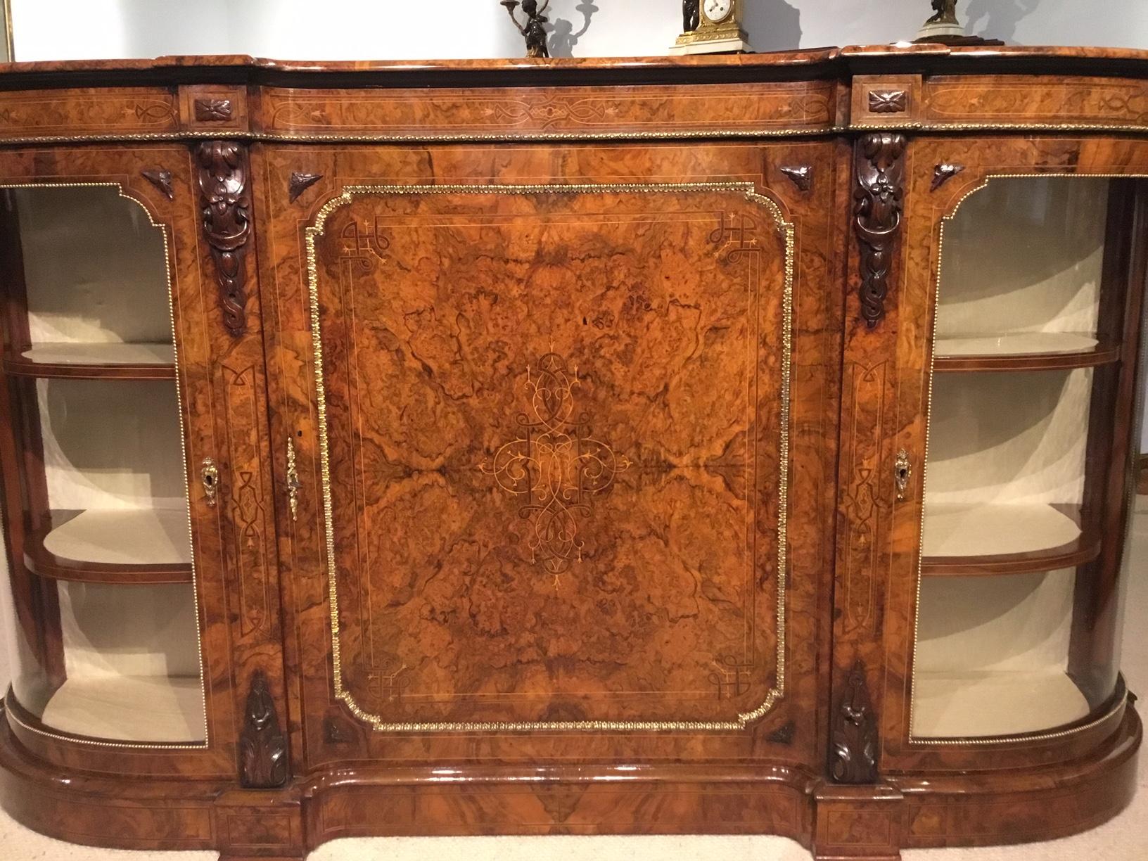 Burr Walnut and Marquetry Inlaid Victorian Period Credenza For Sale 14