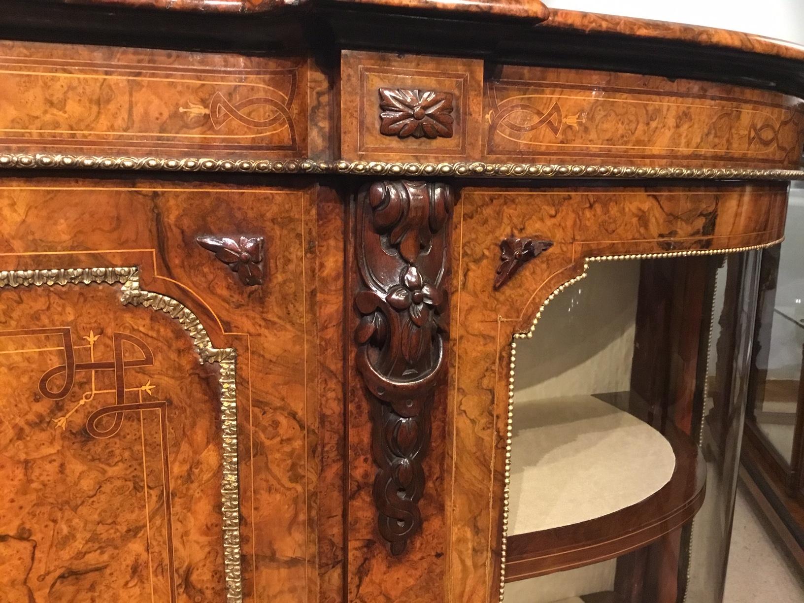 Mid-19th Century Burr Walnut and Marquetry Inlaid Victorian Period Credenza For Sale