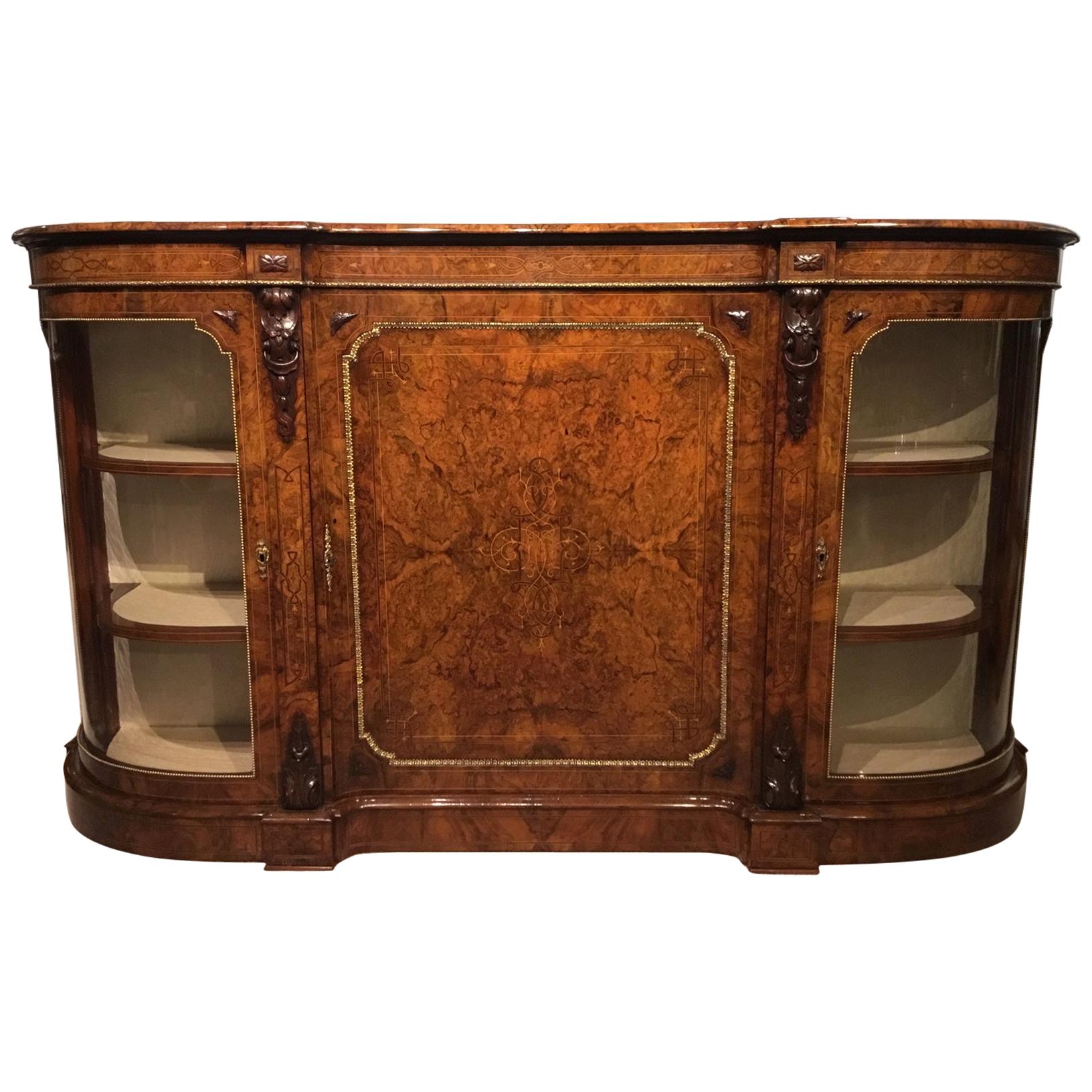 Burr Walnut and Marquetry Inlaid Victorian Period Credenza For Sale