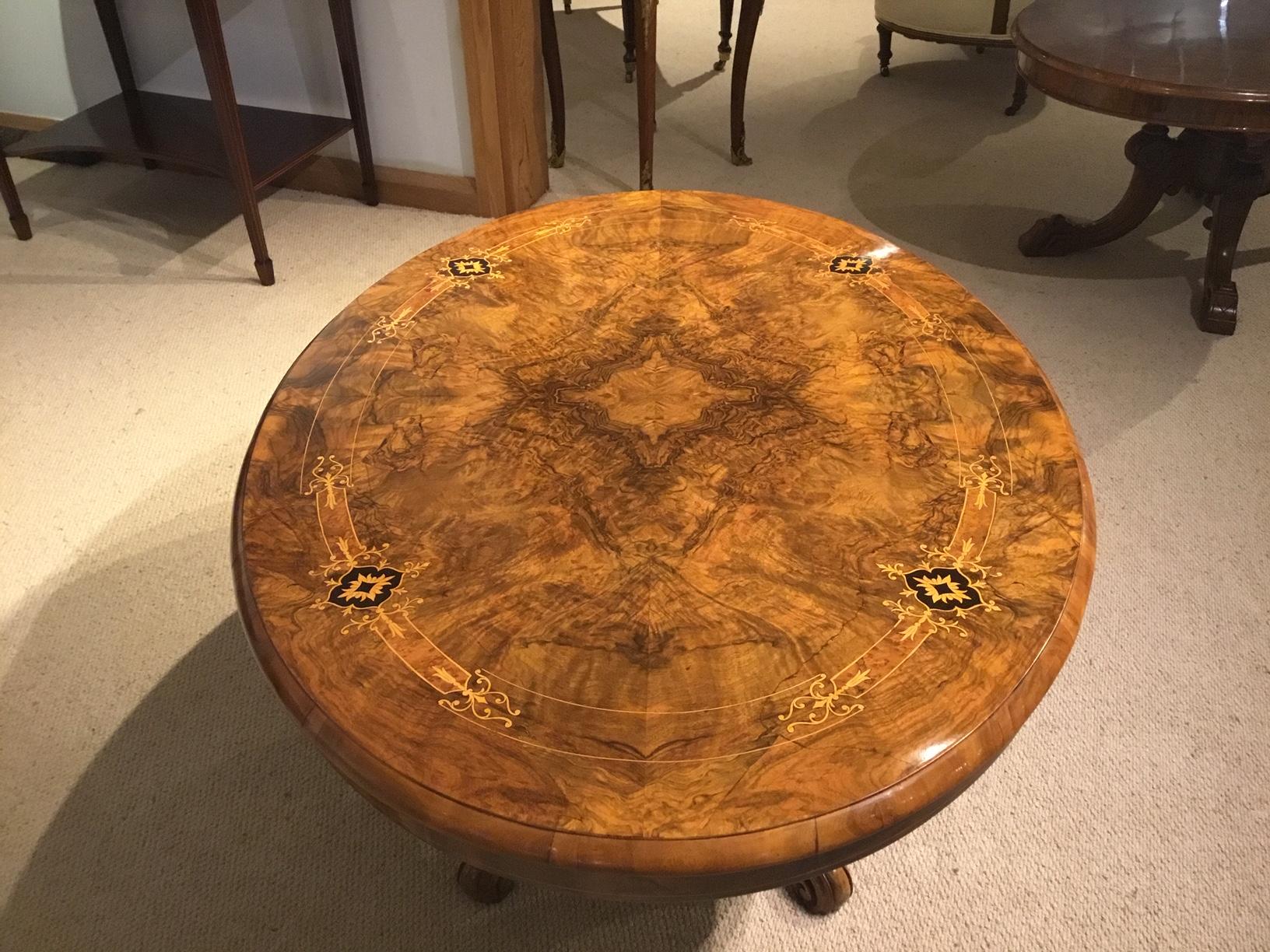 Burr Walnut Marquetry Inlaid Victorian Period Oval Coffee Table 1