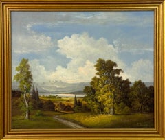 Tranquil Cumbrian landscape with rolling fields, serene lake, and soft skies
