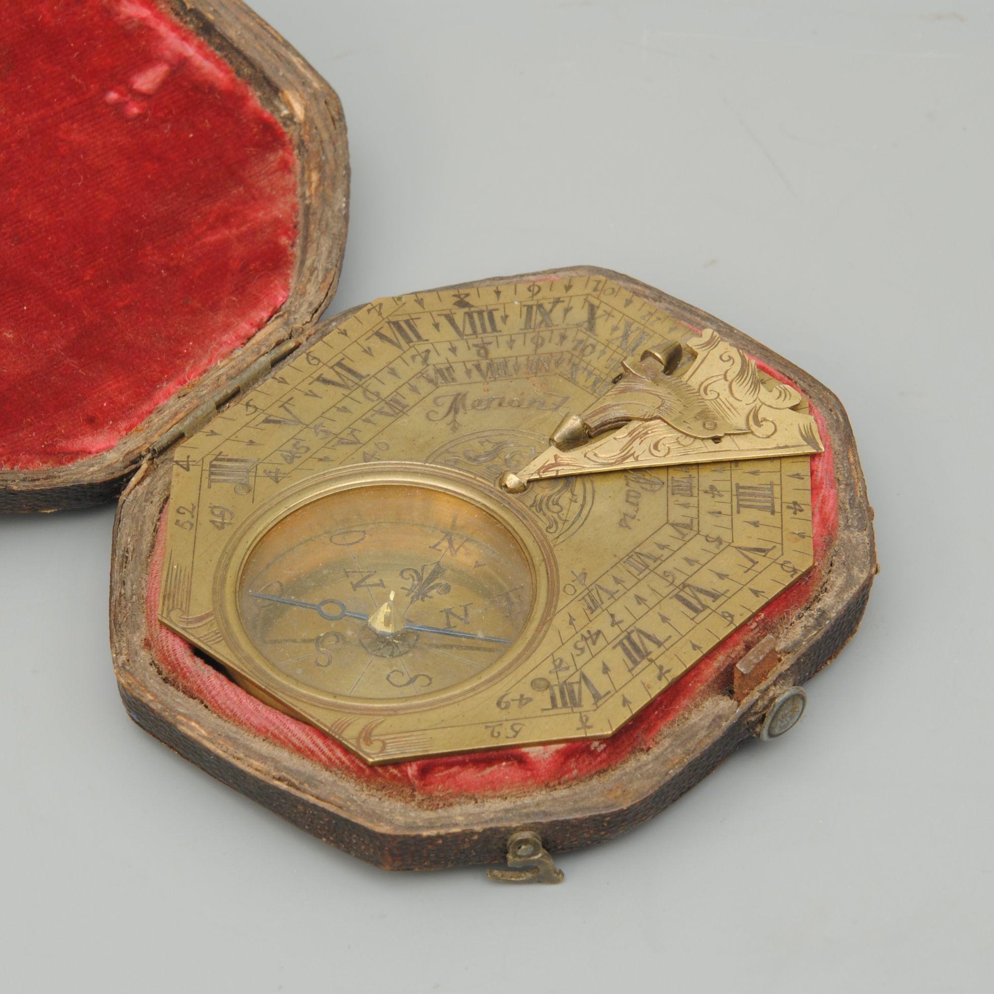 A good example of a Butterfield design brass pocket sundial by Menant, Paris, presented in the original fishskin case.
Circa 1735
