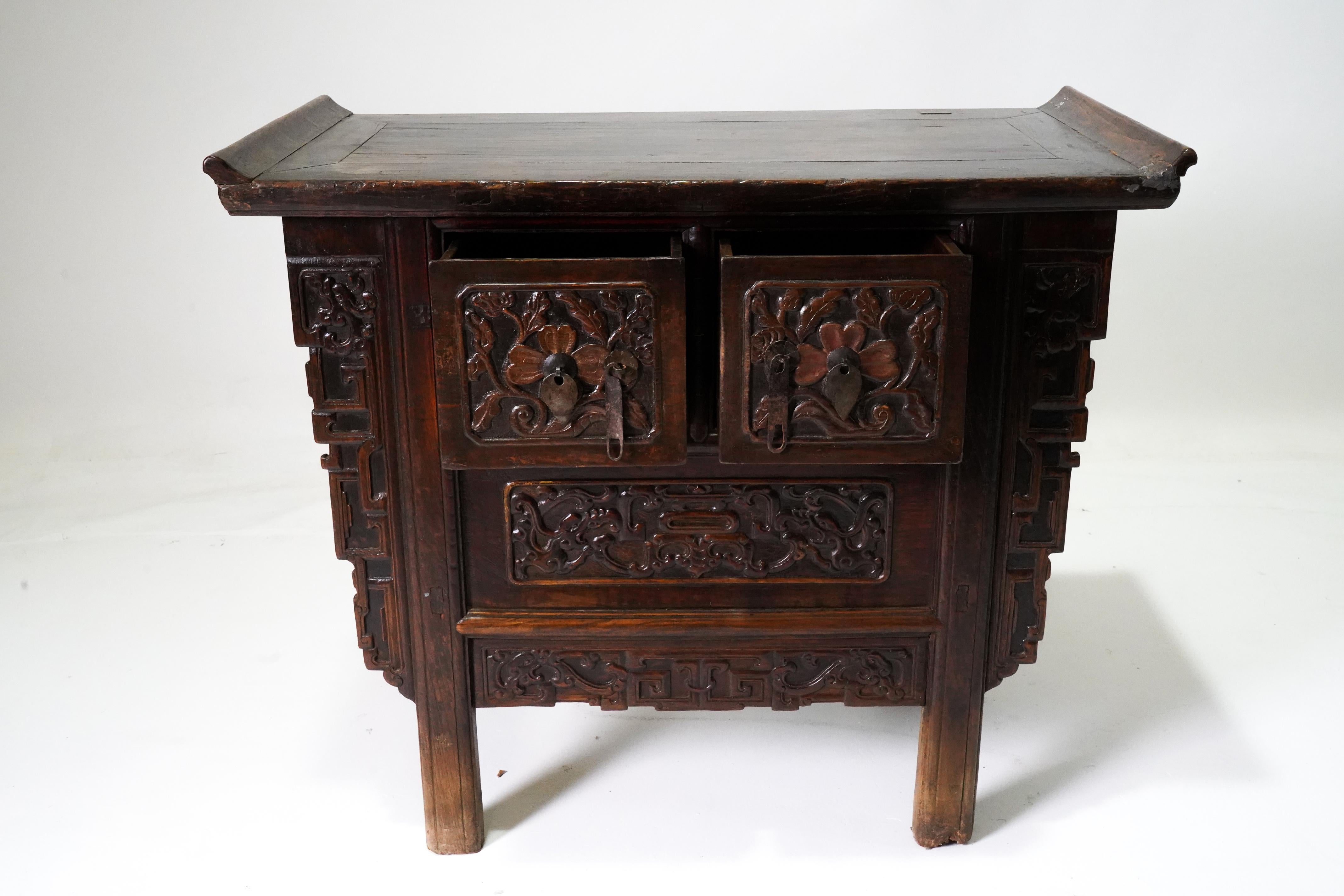 Chinese Rare C. 1850 Qing Storage Cabinet with Carved Dragon Spandrels For Sale