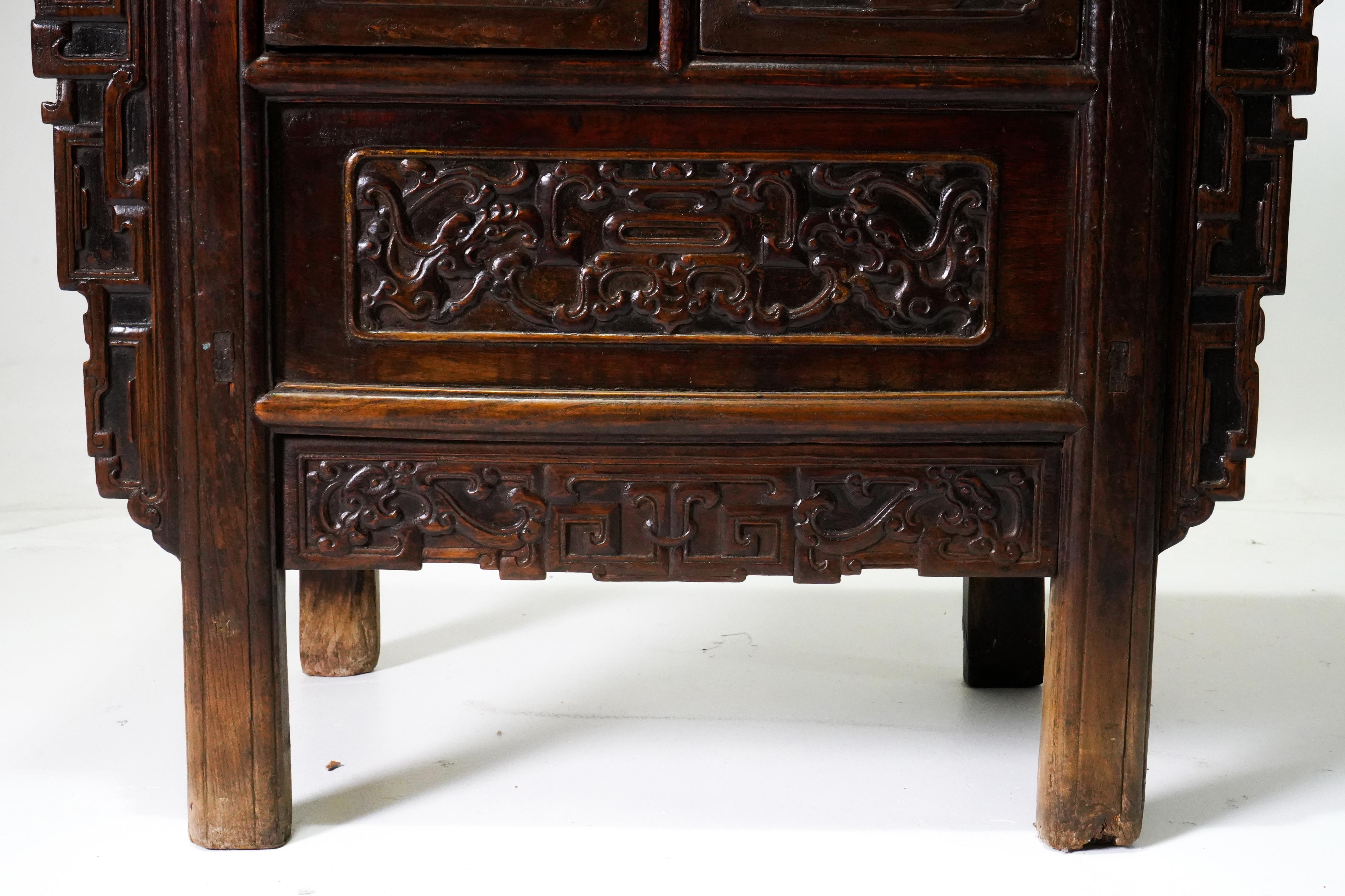 Rare C. 1850 Qing Storage Cabinet with Carved Dragon Spandrels For Sale 2