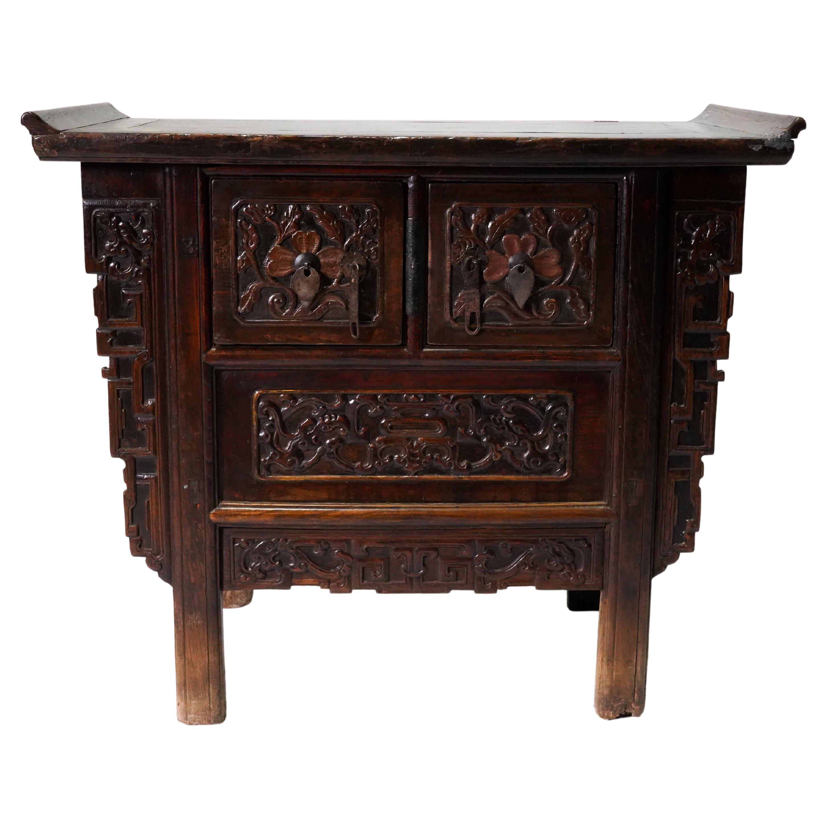 Rare C. 1850 Qing Storage Cabinet with Carved Dragon Spandrels For Sale