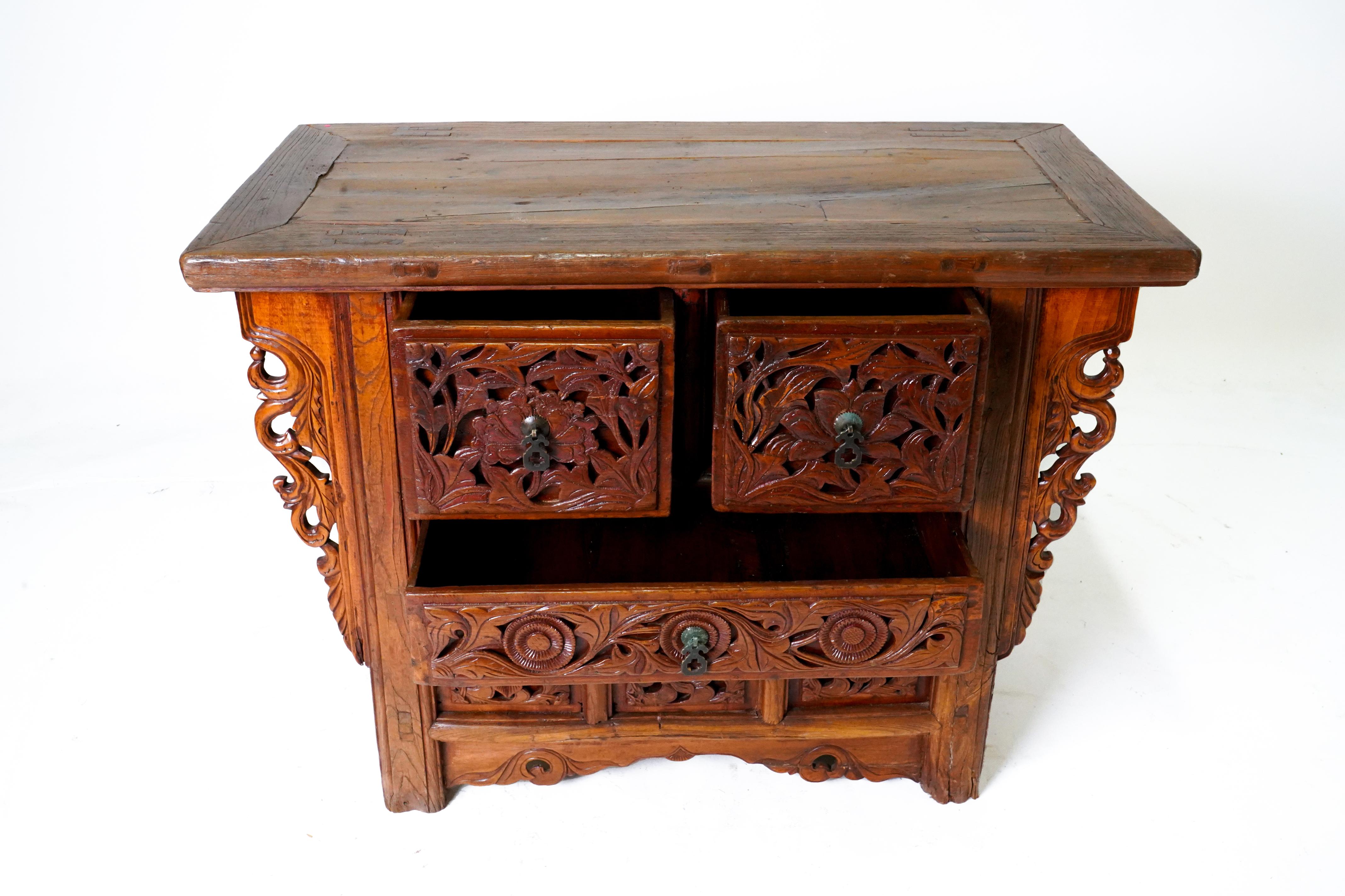 Elm A Butterfly Style Storage Cabinet With Carved Spandrels For Sale