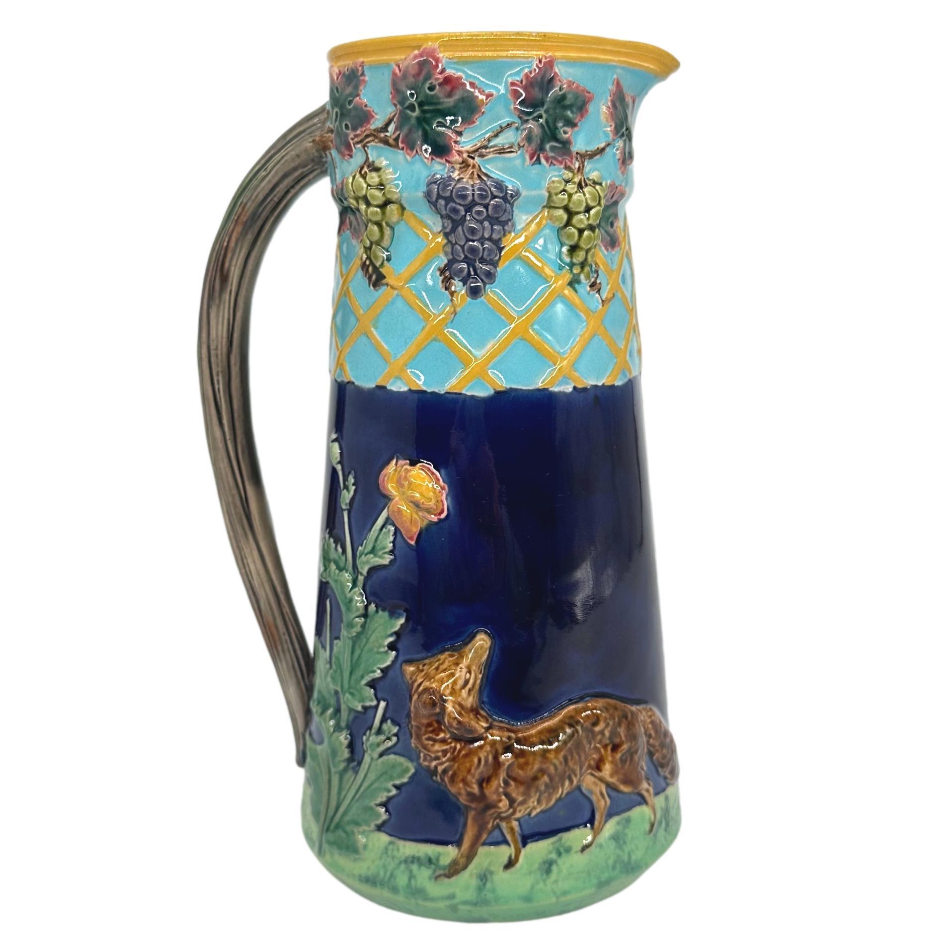 English A BWM Majolica Jug Depicting 'The Fox and the Grapers' Aesop's Fable, ca. 1876 For Sale