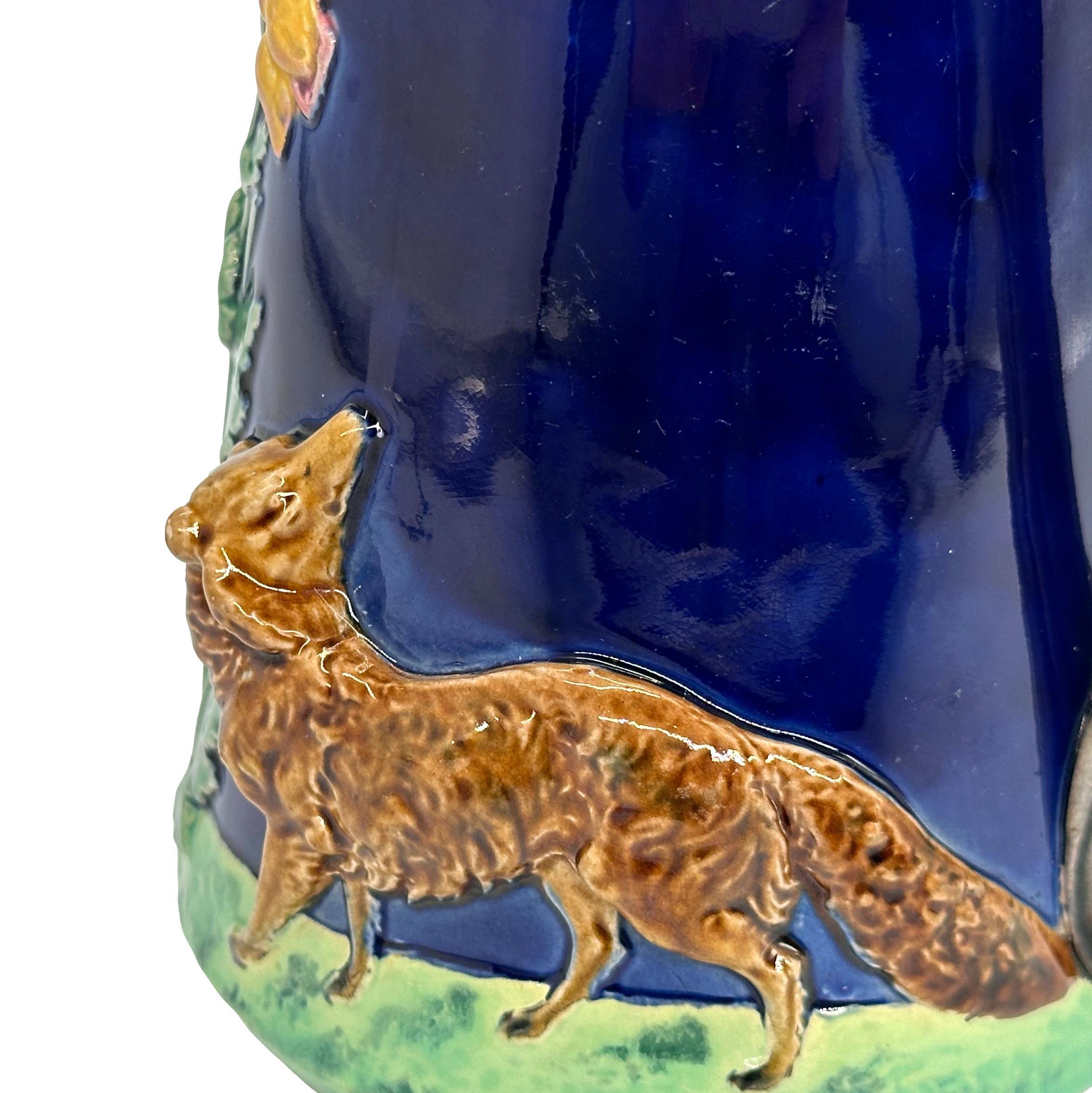 A BWM Majolica Jug Depicting 'The Fox and the Grapers' Aesop's Fable, ca. 1876 In Good Condition For Sale In Banner Elk, NC