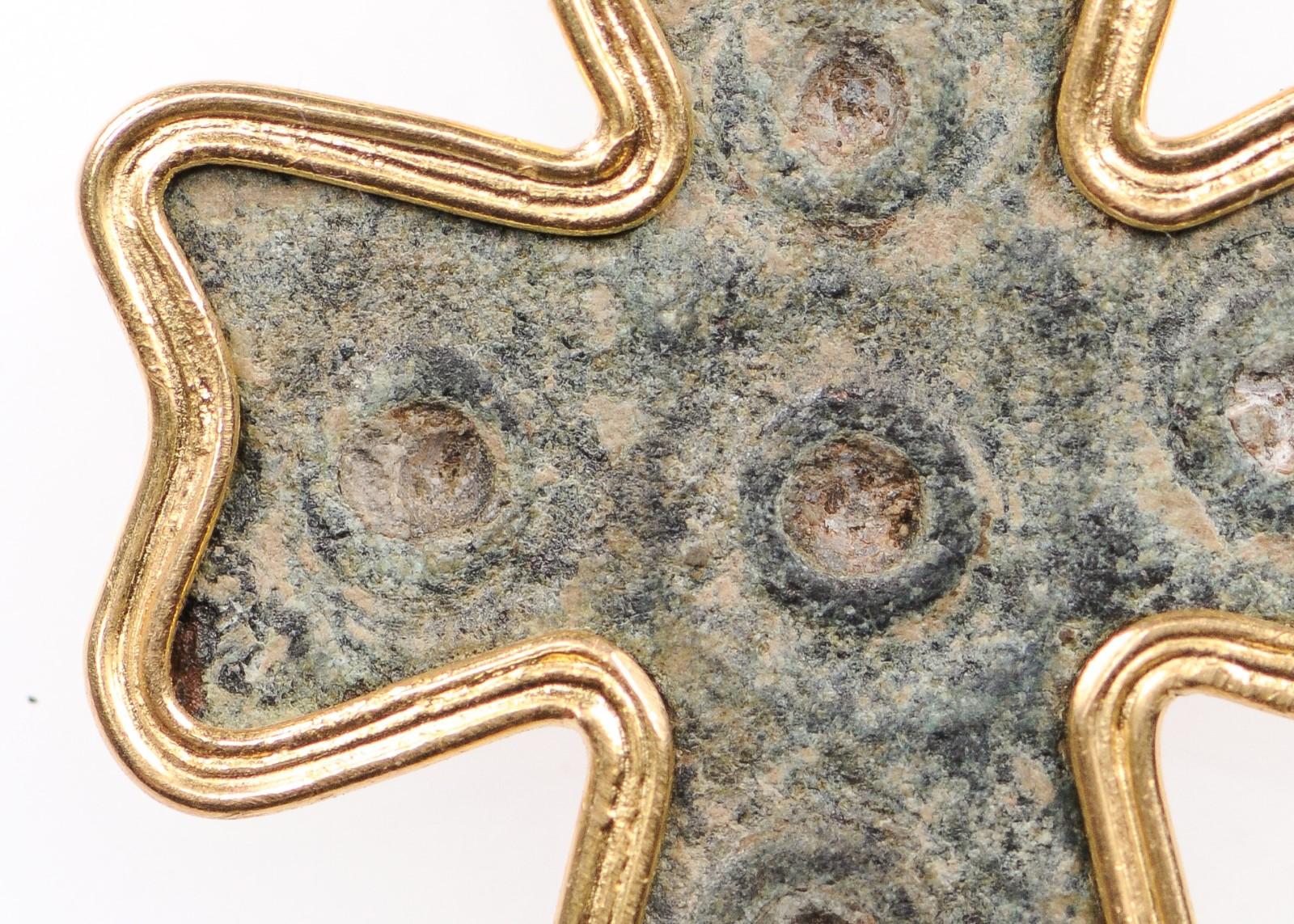 18th Century and Earlier Byzantine Era Bronze Cross Artisan Set into a Beautiful 21-Karat Gold Pendant