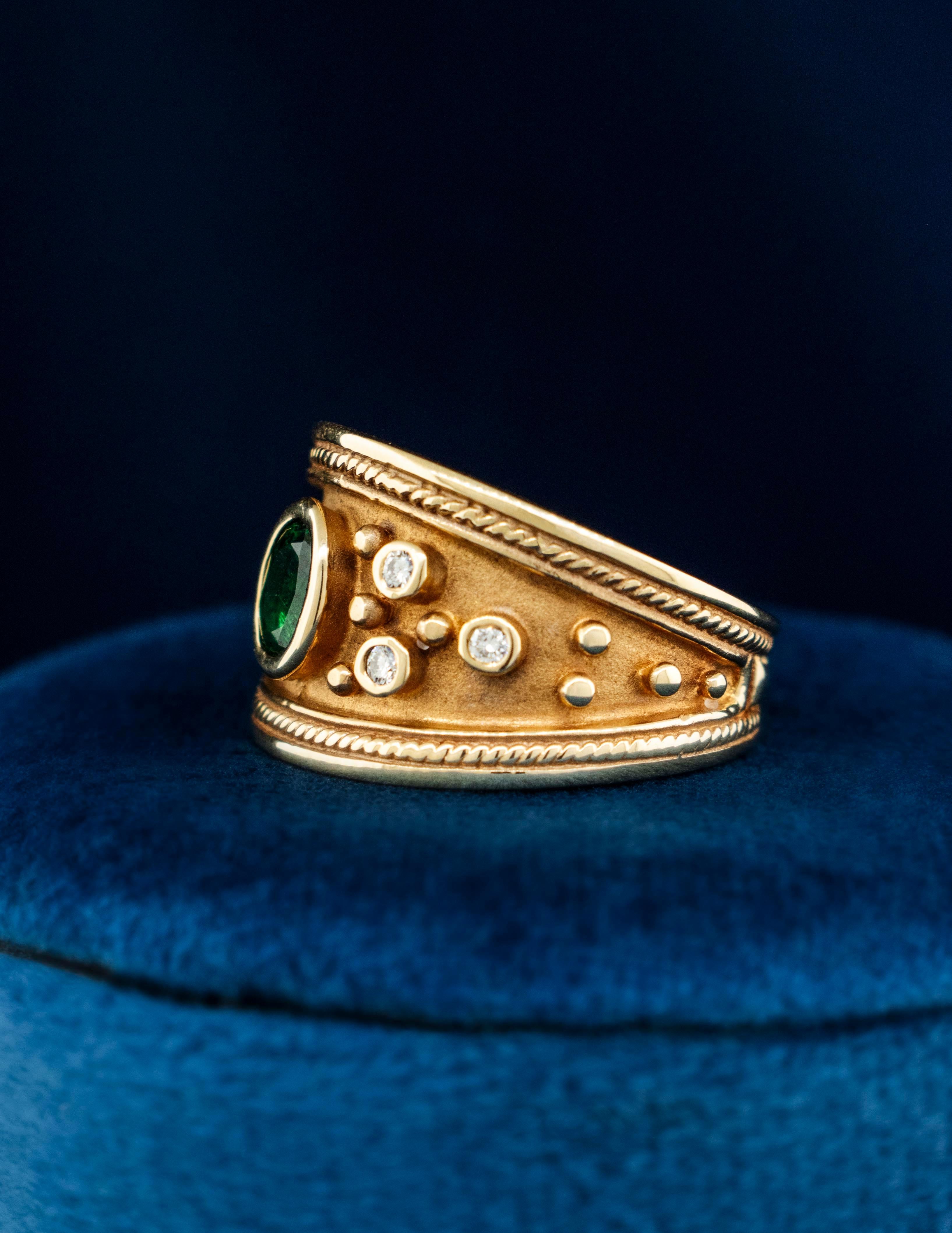 A Byzantine Ring with Oval Emerald and Diamonds made of 14K Yellow Gold In New Condition For Sale In Boone, NC