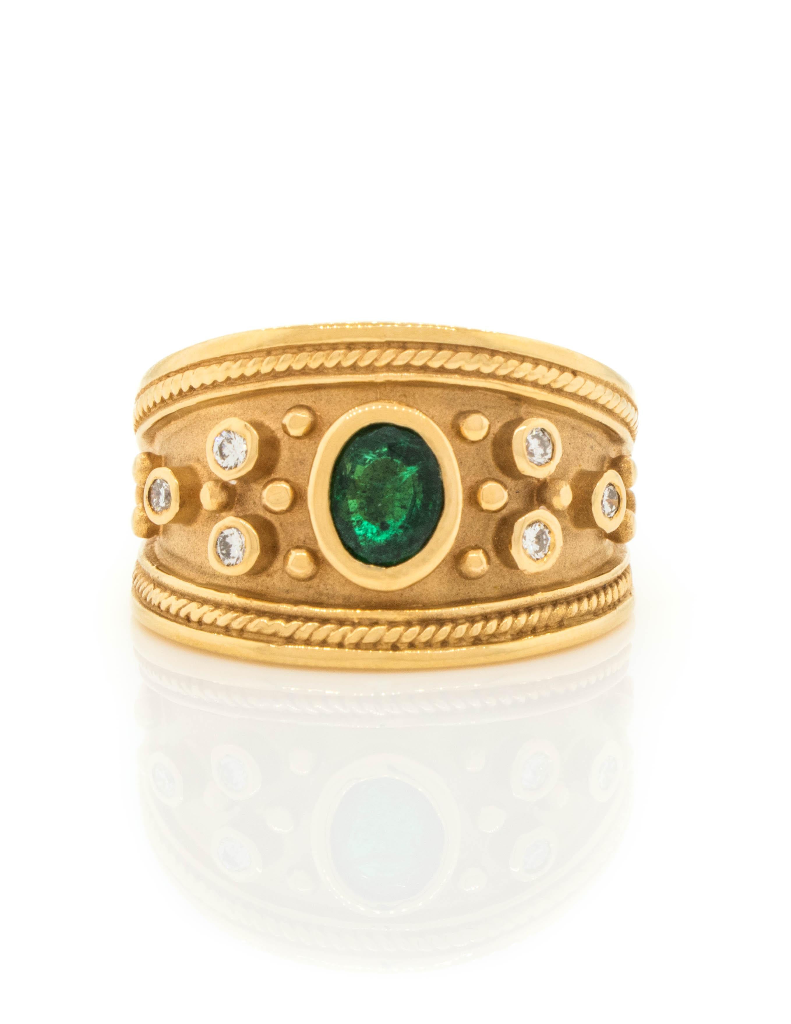 A Byzantine Ring with Oval Emerald and Diamonds made of 14K Yellow Gold For Sale 1