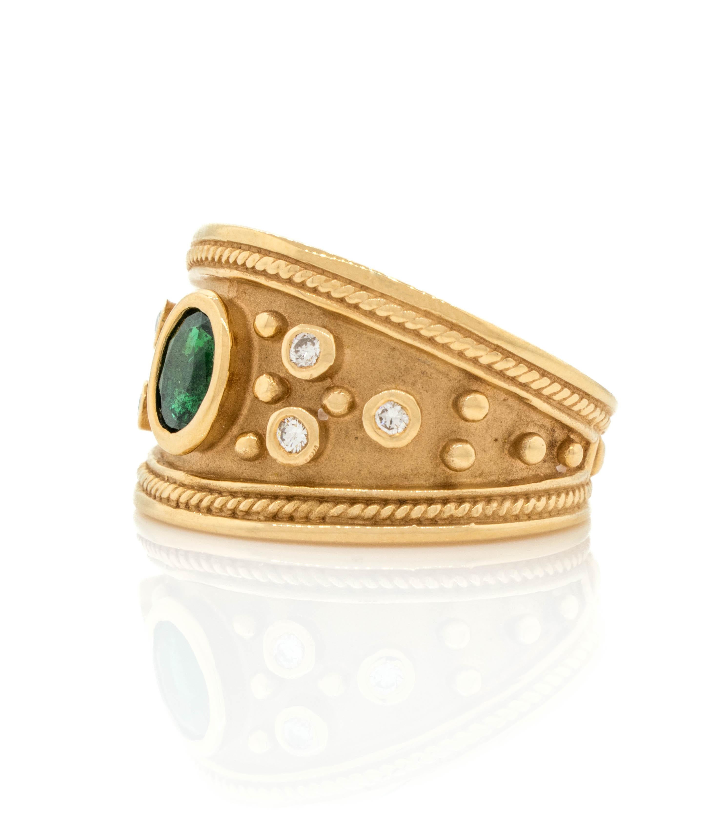 A Byzantine Ring with Oval Emerald and Diamonds made of 14K Yellow Gold For Sale 2