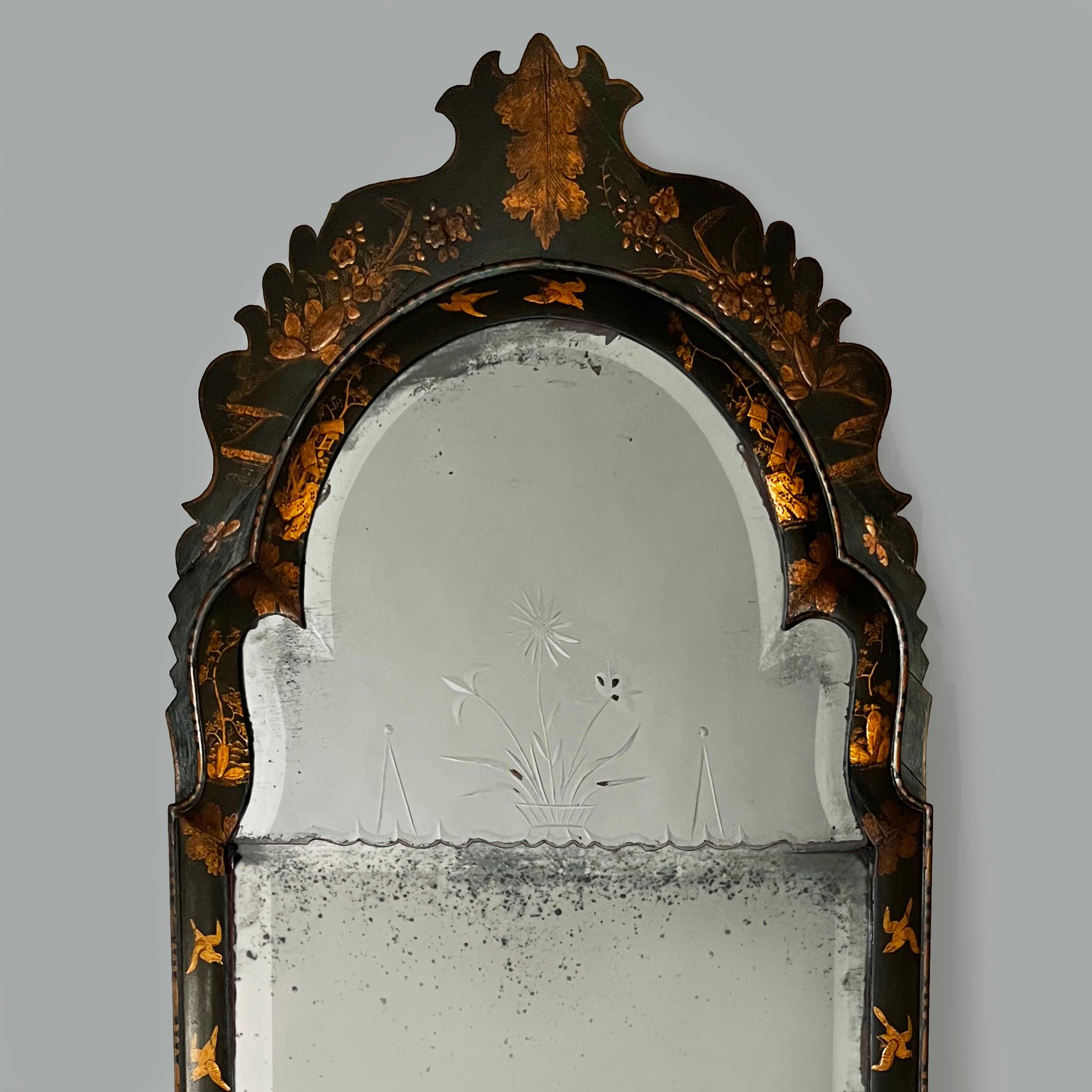 English A C19th Queen Anne Japanned Pier Mirror For Sale