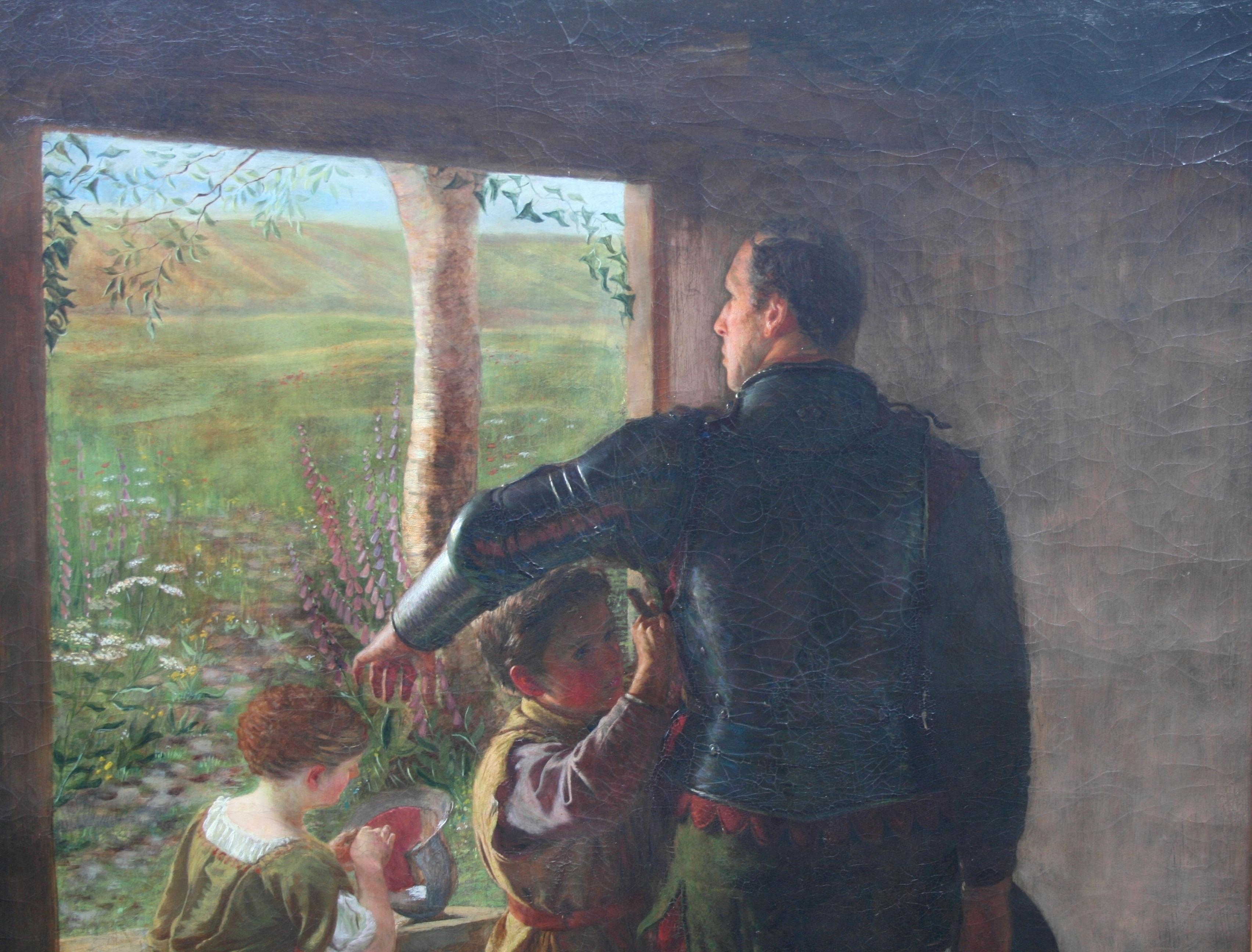 “A Call to Arms” – Monumental 19th Century English Pre-Raphaelite Oil Painting in Gilt Frame
Origin: England
Date: Circa 1850–1870
Medium: Oil on canvas (relined)
Dimensions: 149 cm wide x 127 cm high (58½ x 50 in, including frame)
Condition: Very