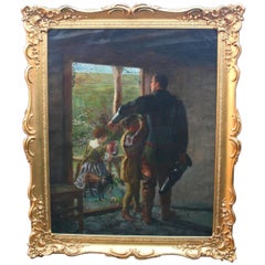 Antique "A Call to Duty" English Pre-Raphaelite Oil on Canvas