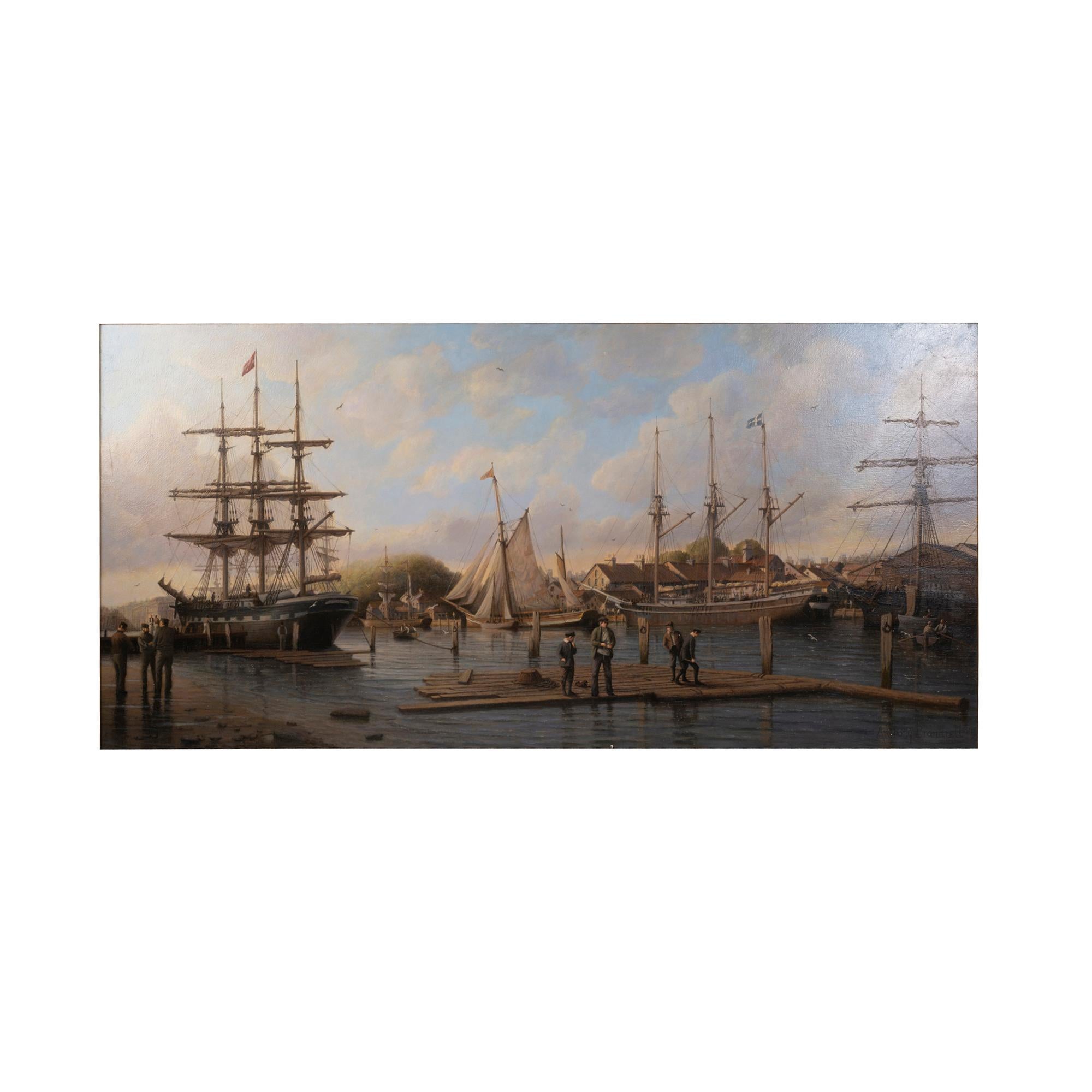 „A Calm Day in the Harbor“, signiert Anthony Brandrett l/r (20. Jahrhundert) im Angebot