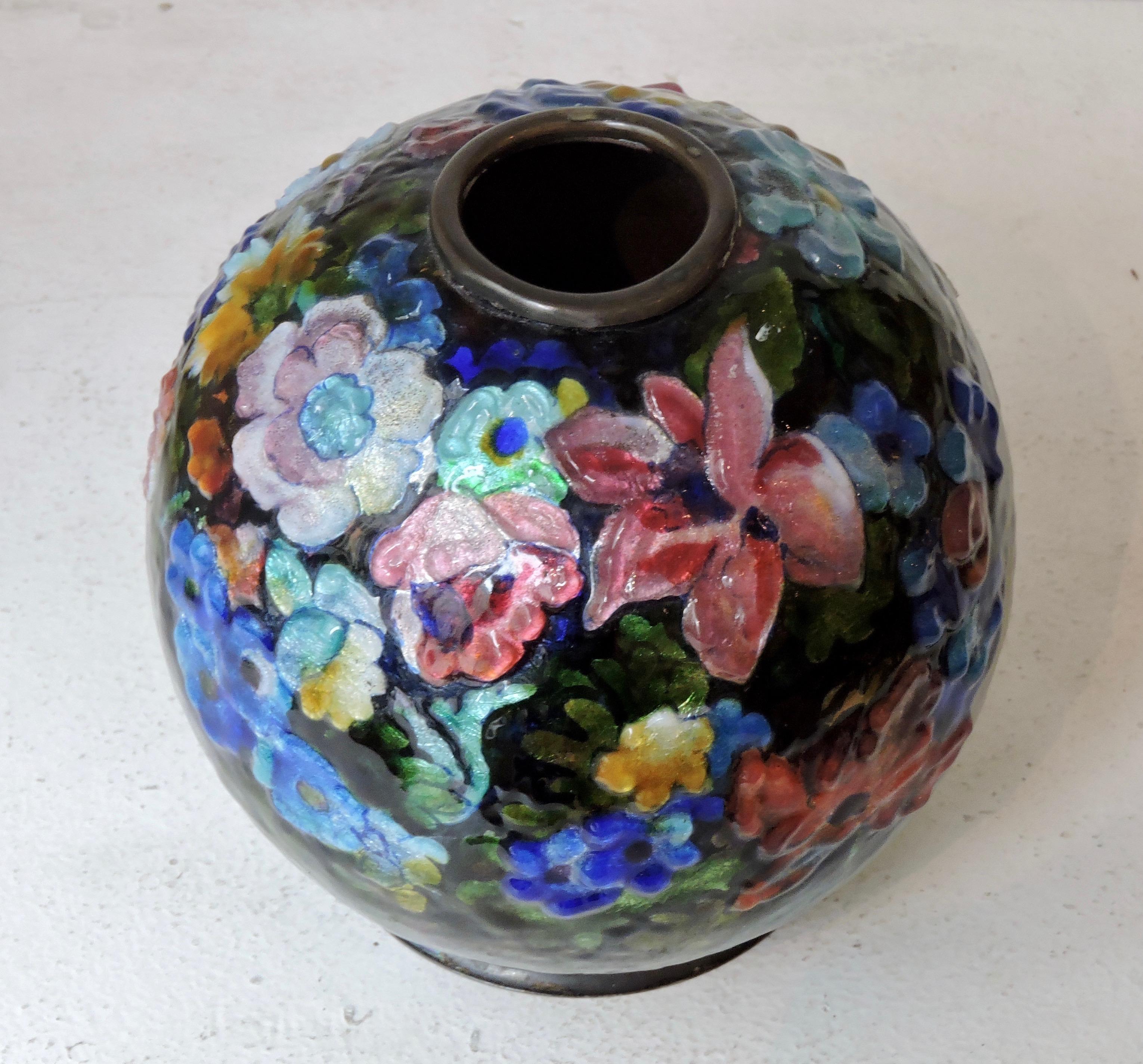 French Camille Fauré Floral, Bunch of Flowers Enamel Vase, circa 1930