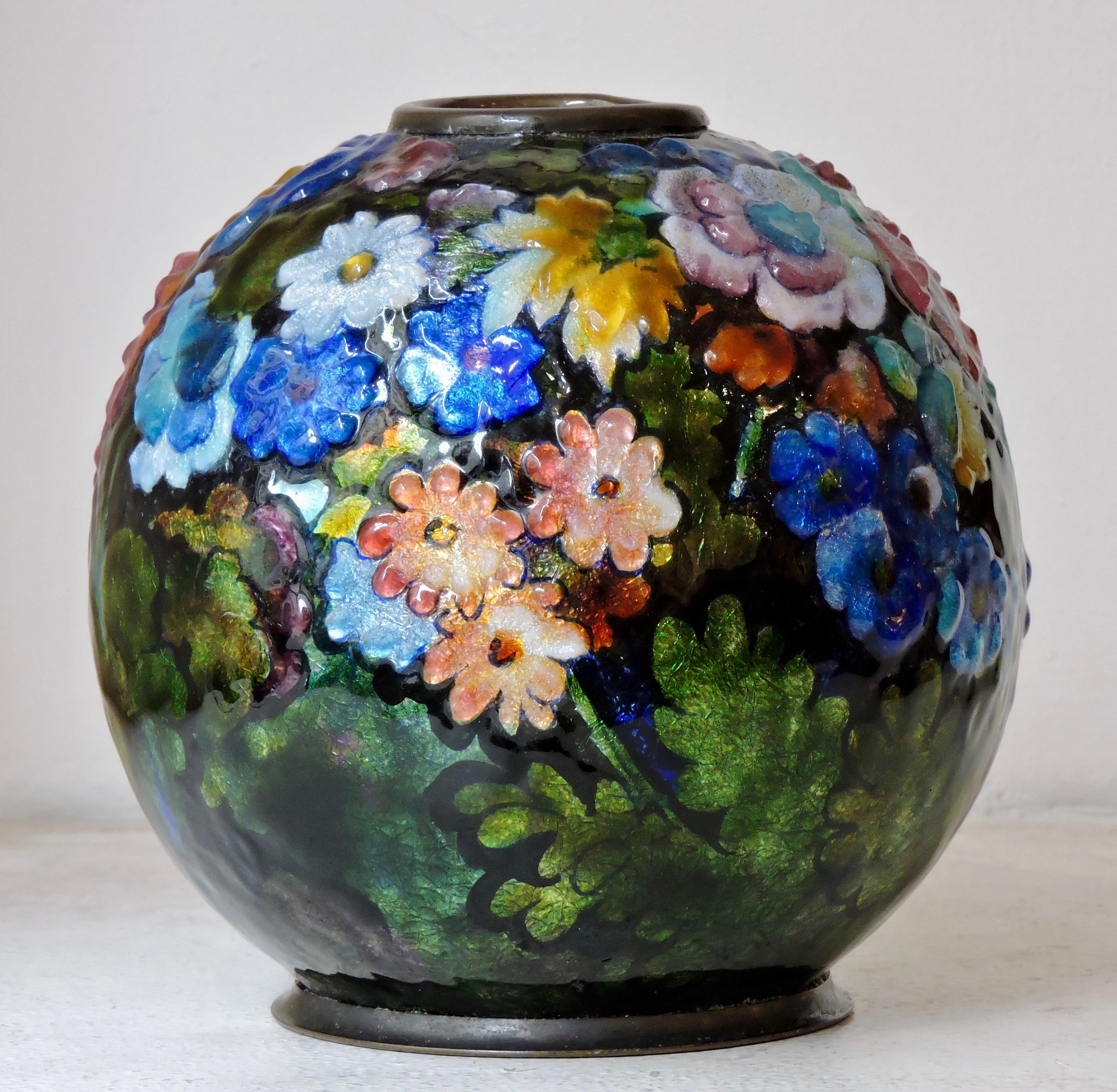 Camille Fauré Floral, Bunch of Flowers Enamel Vase, circa 1930 2