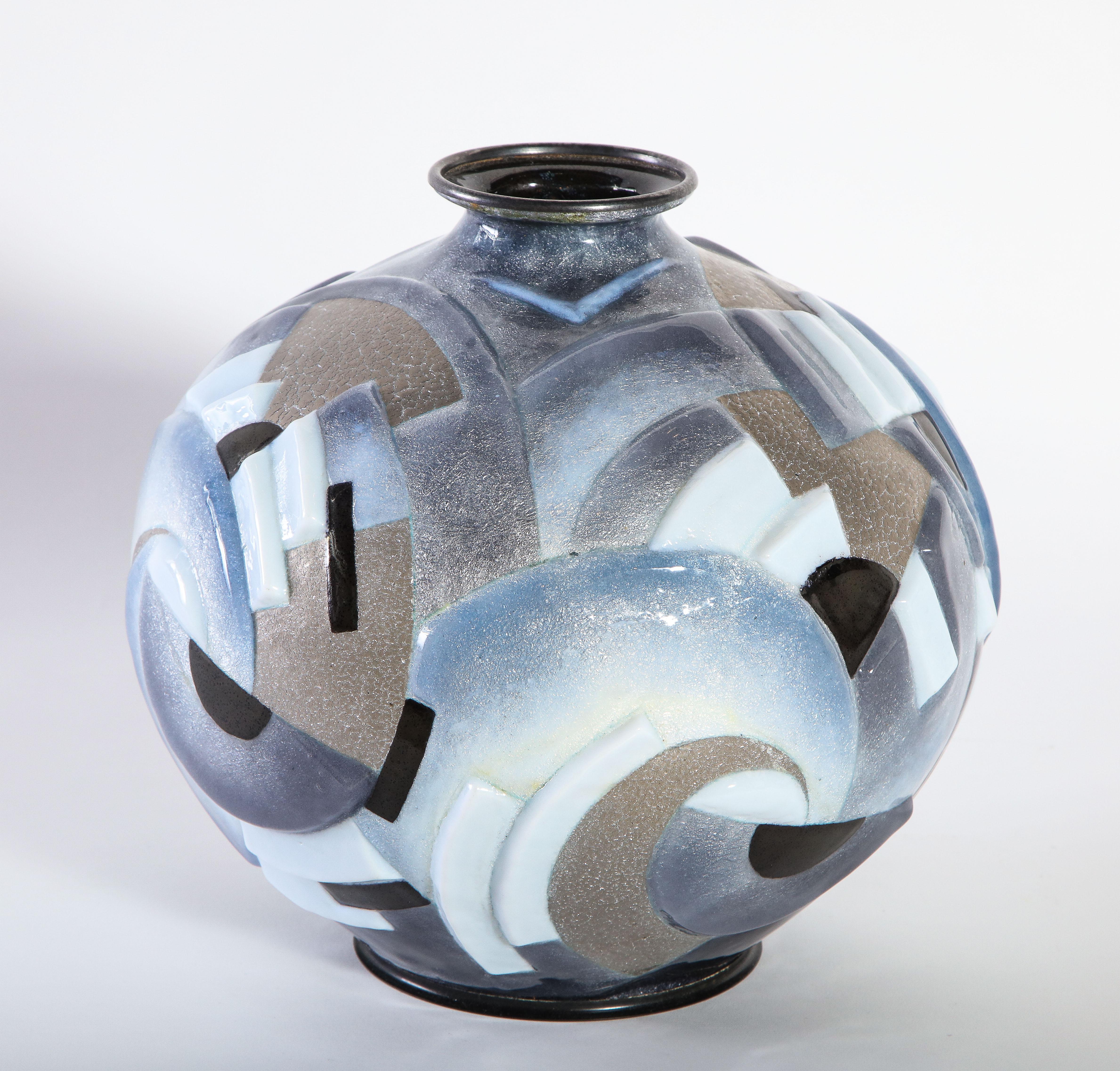 Camille Fauré Enameled Metal Vase with Multi-Color Enamel Geometric Motif Design For Sale 1