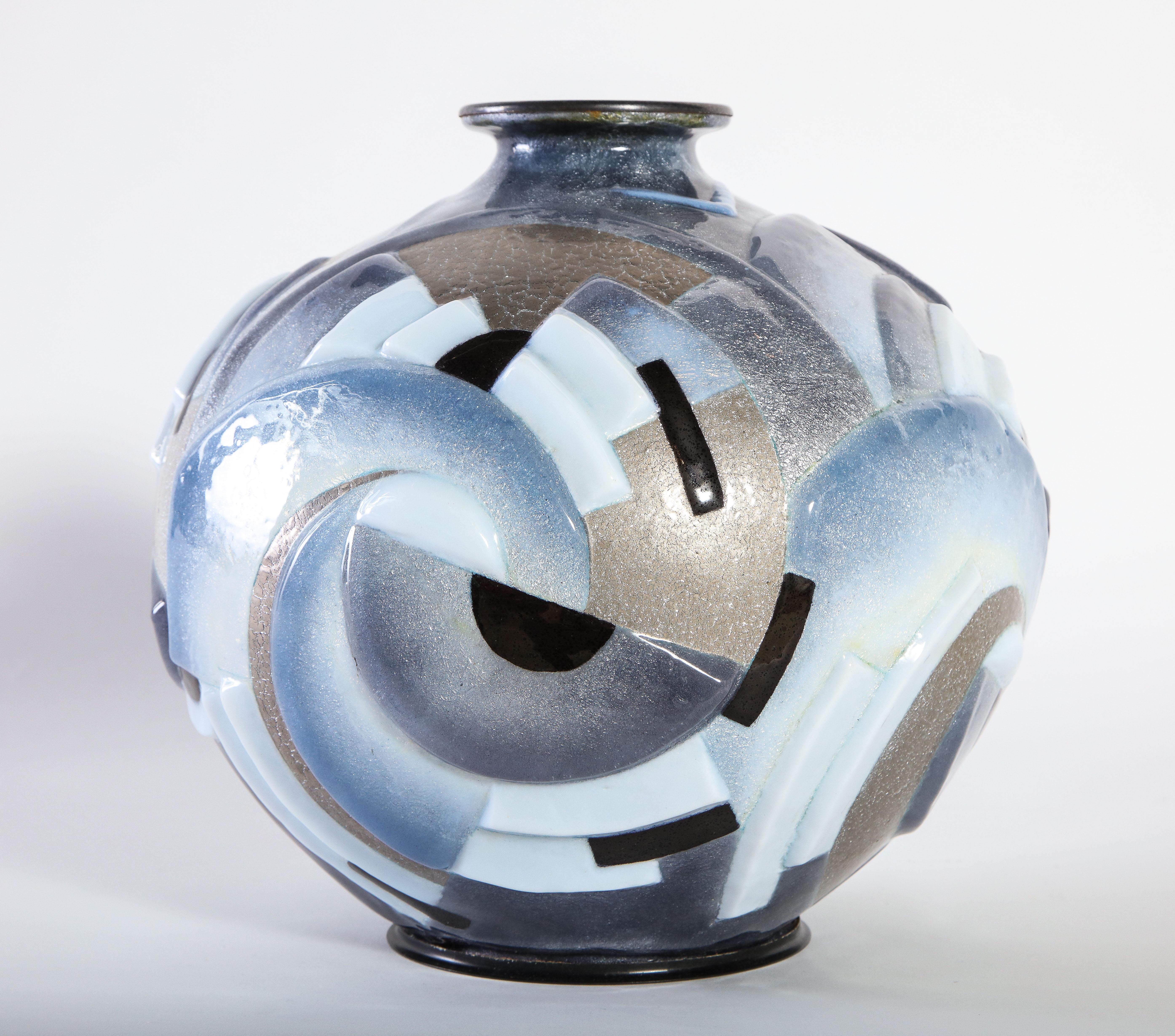 Camille Fauré Enameled Metal Vase with Multi-Color Enamel Geometric Motif Design For Sale 2