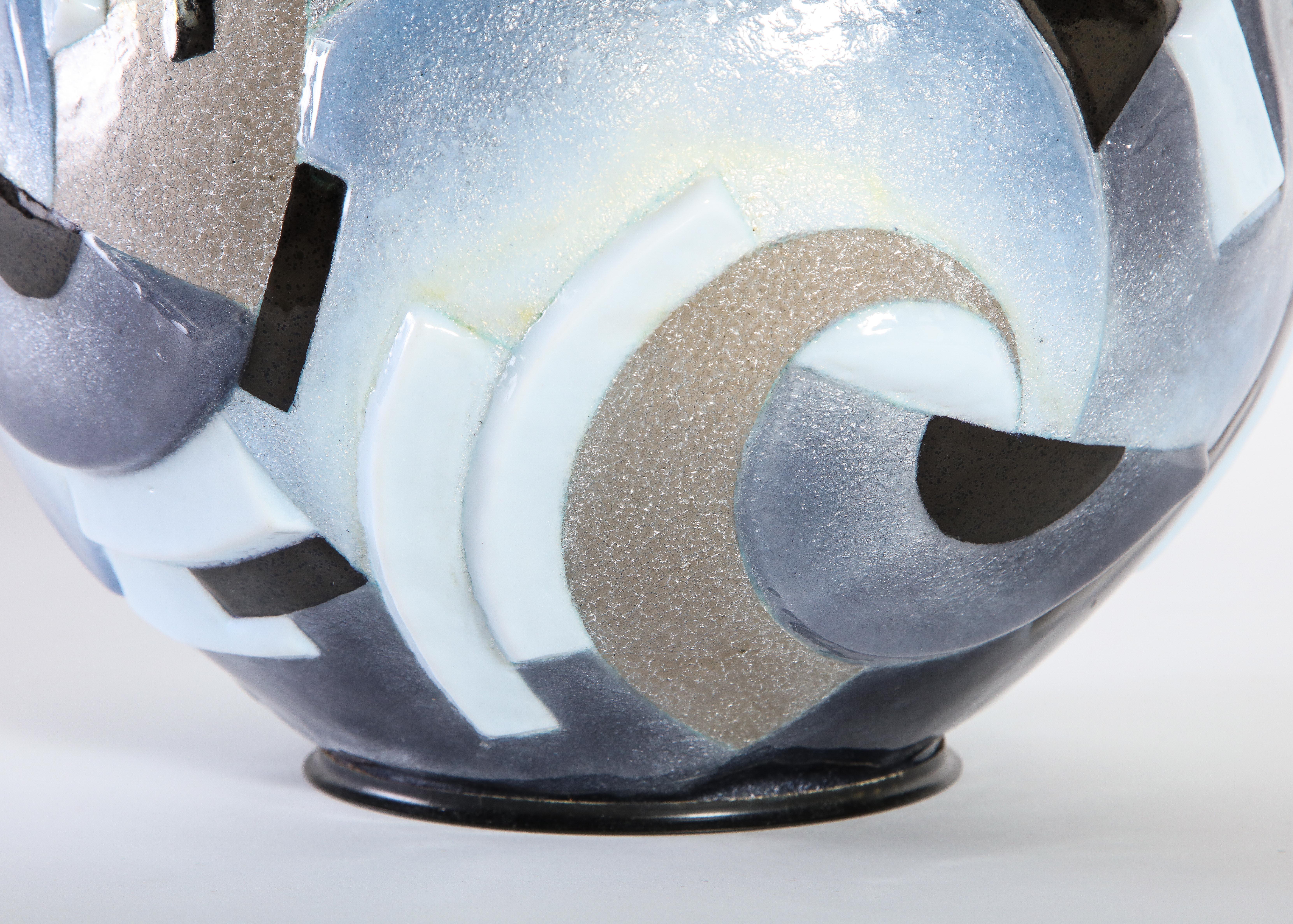 Camille Fauré Enameled Metal Vase with Multi-Color Enamel Geometric Motif Design For Sale 4