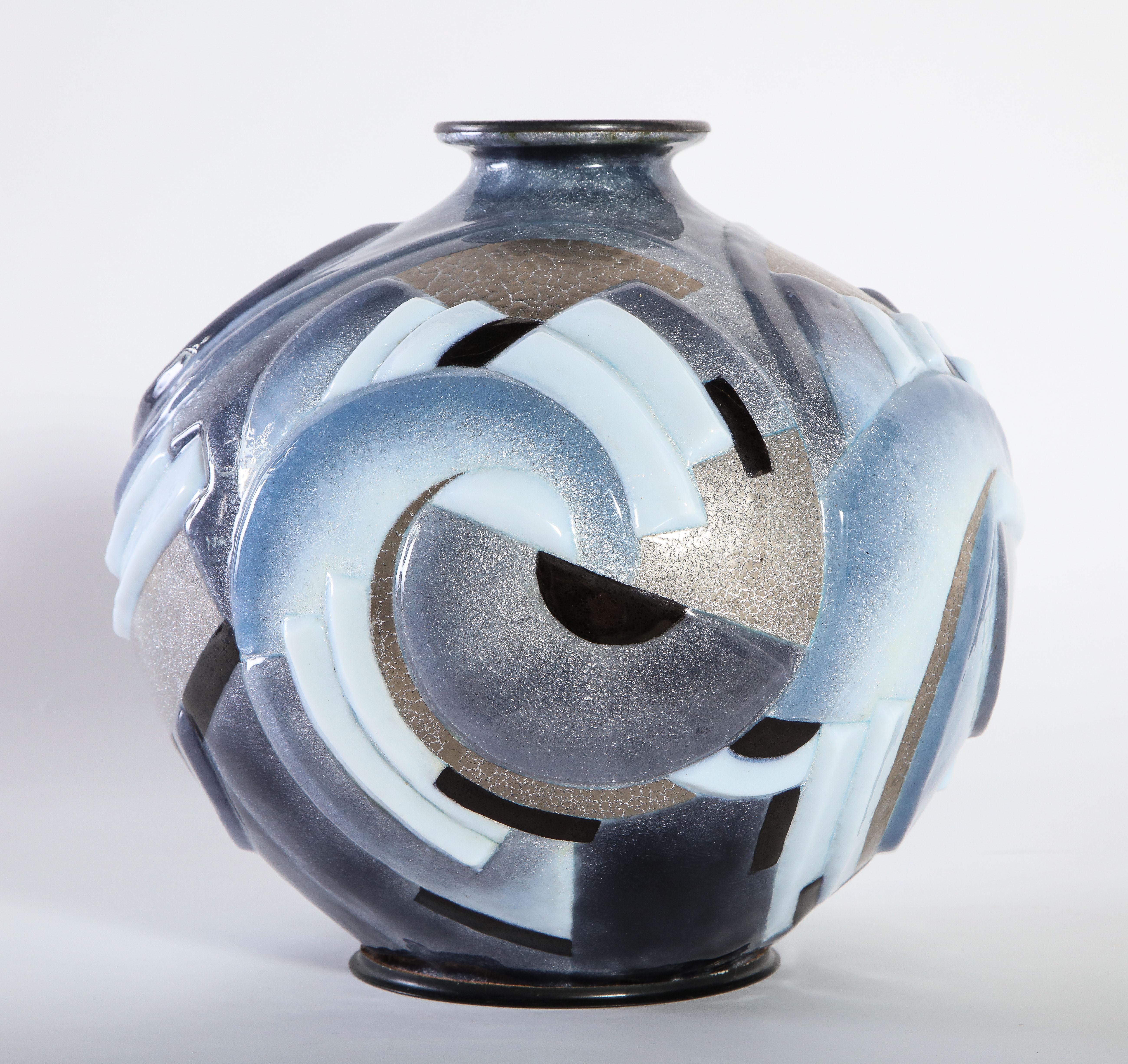 Art Deco Camille Fauré Enameled Metal Vase with Multi-Color Enamel Geometric Motif Design For Sale