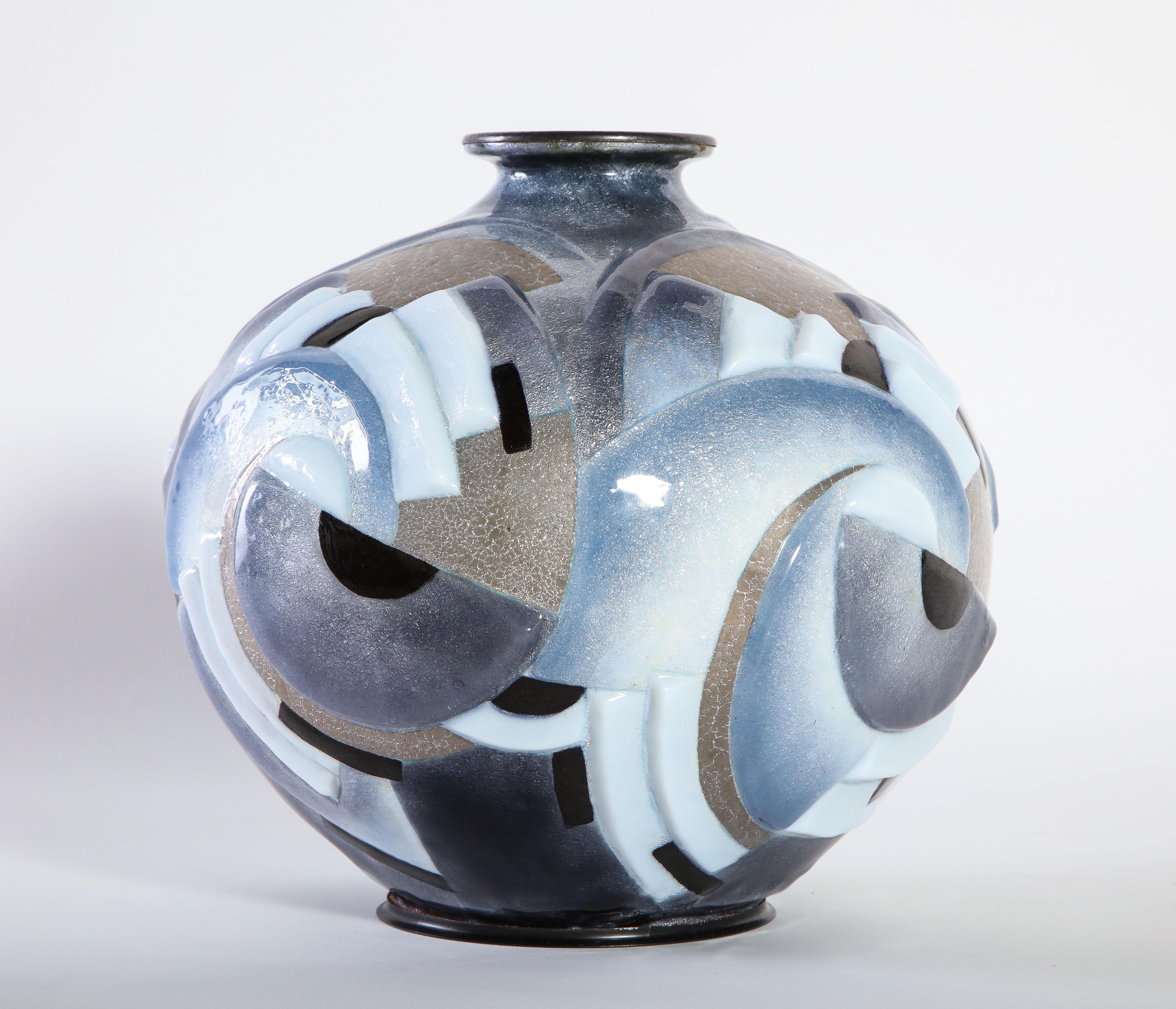 French Camille Fauré Enameled Metal Vase with Multi-Color Enamel Geometric Motif Design For Sale