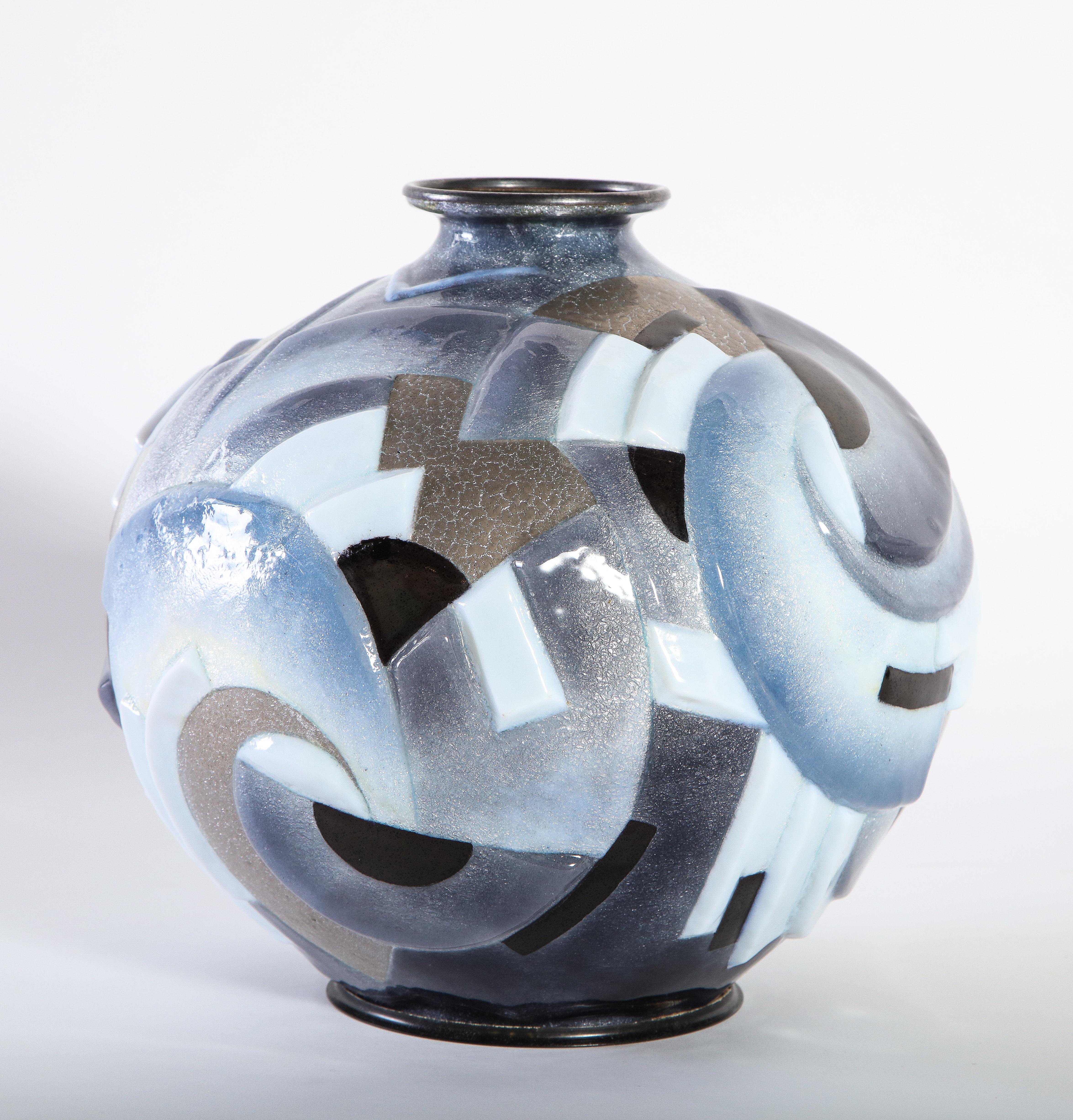 Copper Camille Fauré Enameled Metal Vase with Multi-Color Enamel Geometric Motif Design For Sale