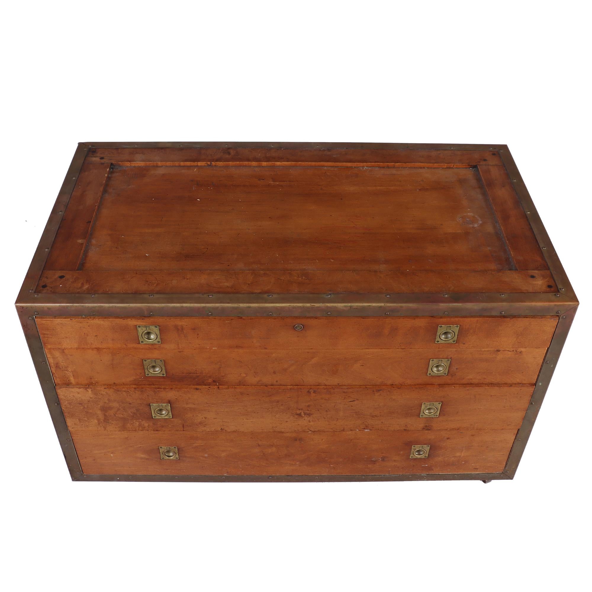 North American Campaign Chest of Drawers, Wrapped Brass on Wheels, American, 1940s For Sale