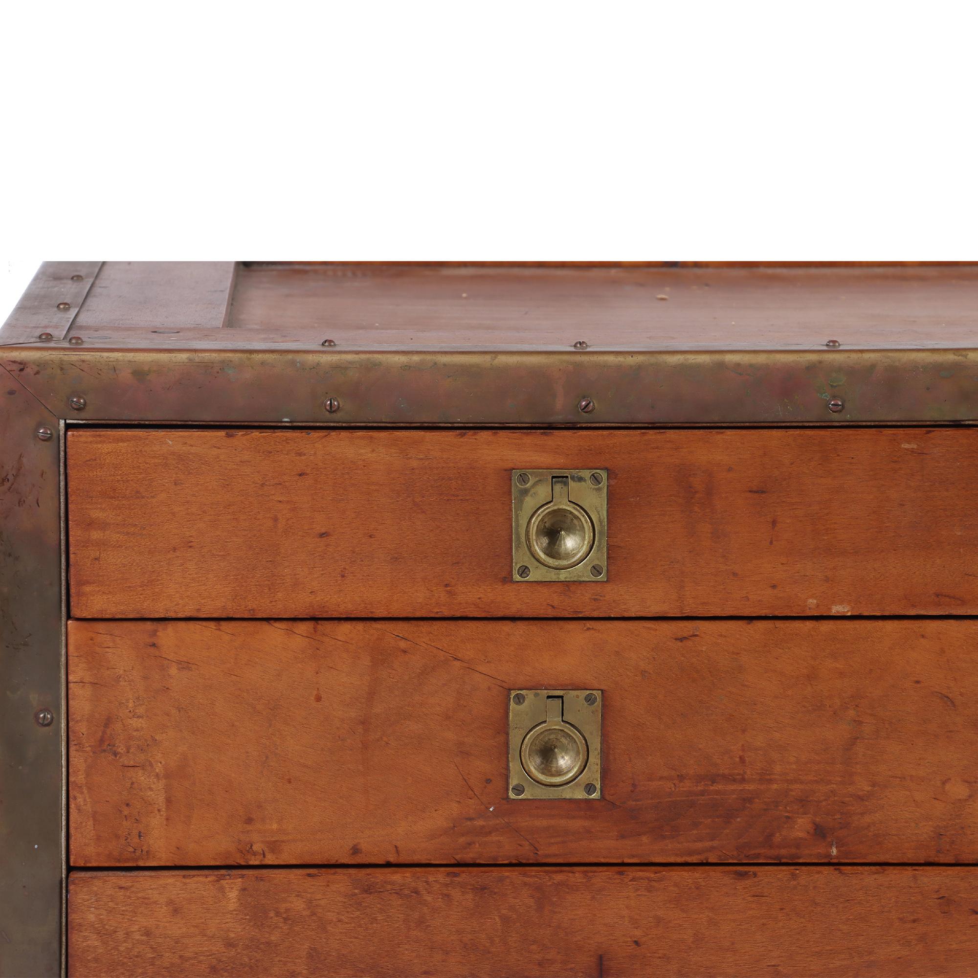 Campaign Chest of Drawers, Wrapped Brass on Wheels, American, 1940s In Good Condition For Sale In Philadelphia, PA