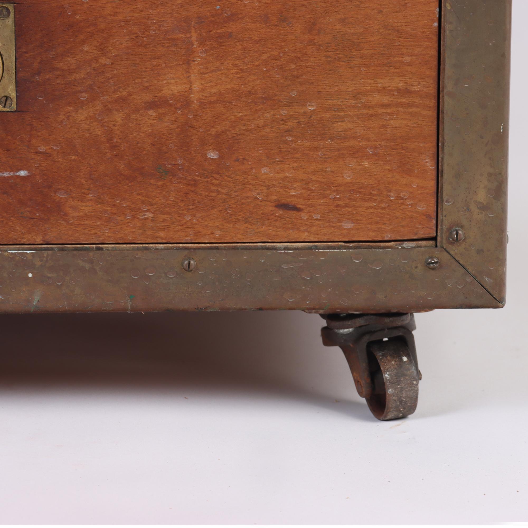 Wood Campaign Chest of Drawers, Wrapped Brass on Wheels, American, 1940s For Sale