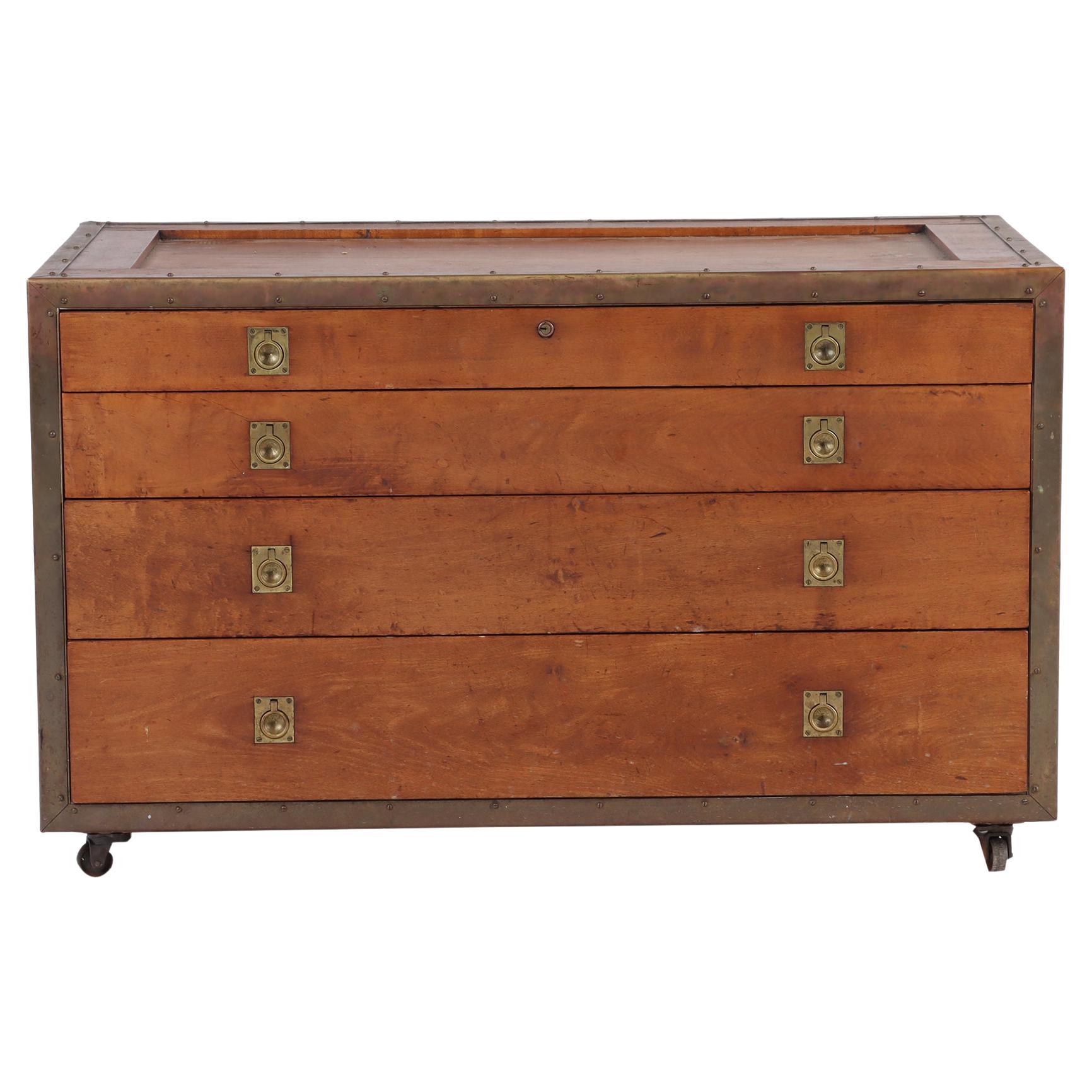 Campaign Chest of Drawers, Wrapped Brass on Wheels, American, 1940s For Sale