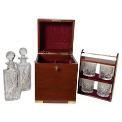 Retro A Campaign Style Mahogany Tantalus With Crystal Decanters and Glasses. 