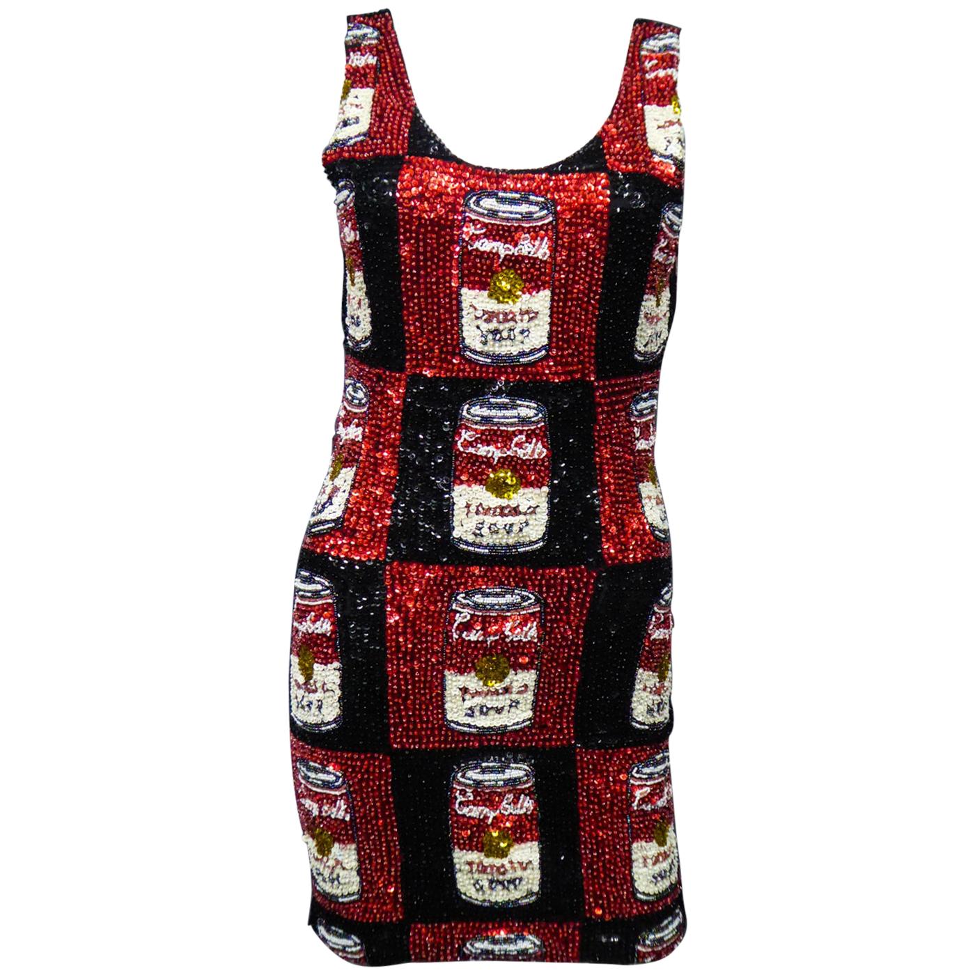 A Campbell's Soup Embroidered Mini Dress Andy Warhol Pink Soda Circa 1990