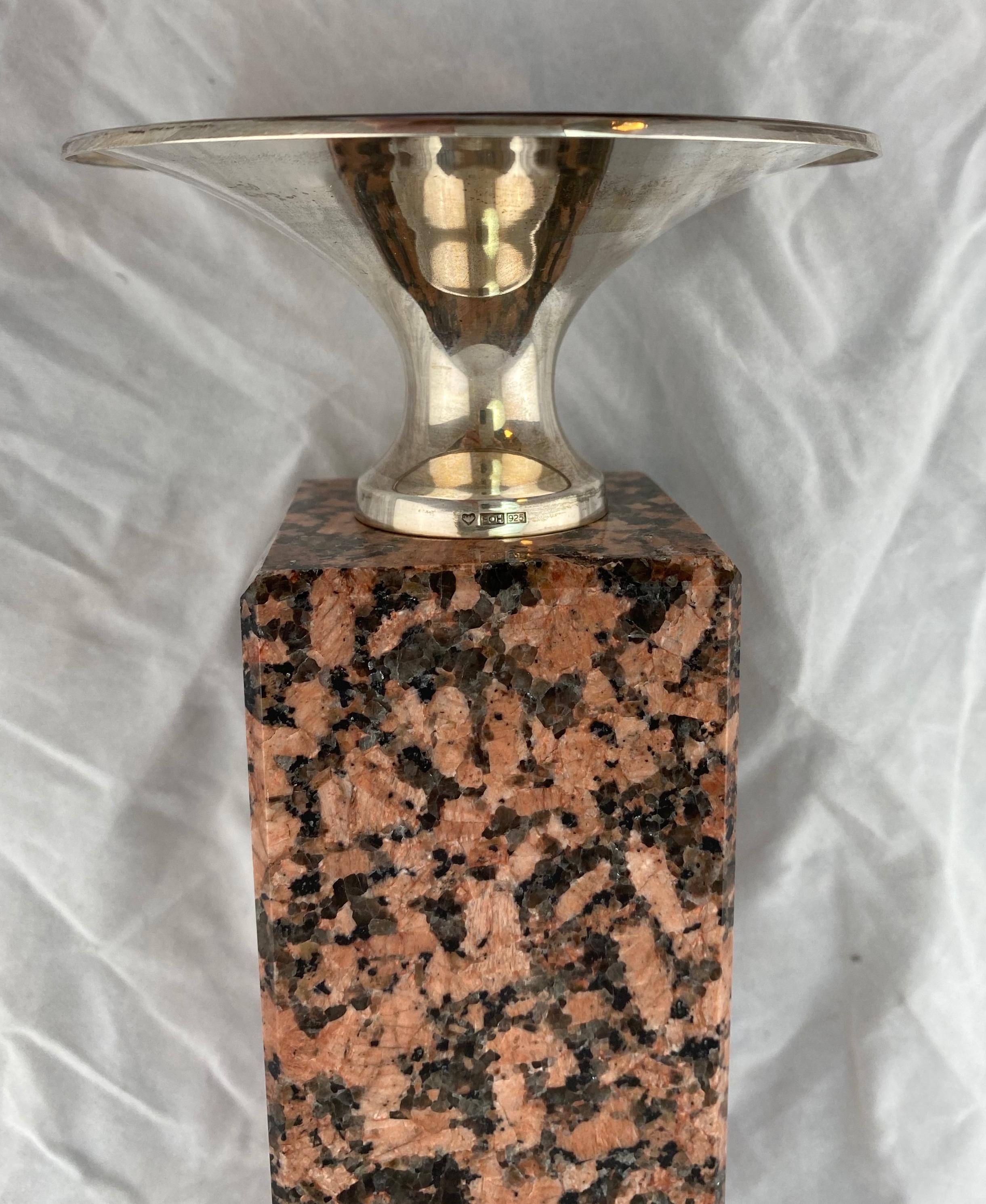 Finnish Candlestick Made of Red Granite and Silver For Sale